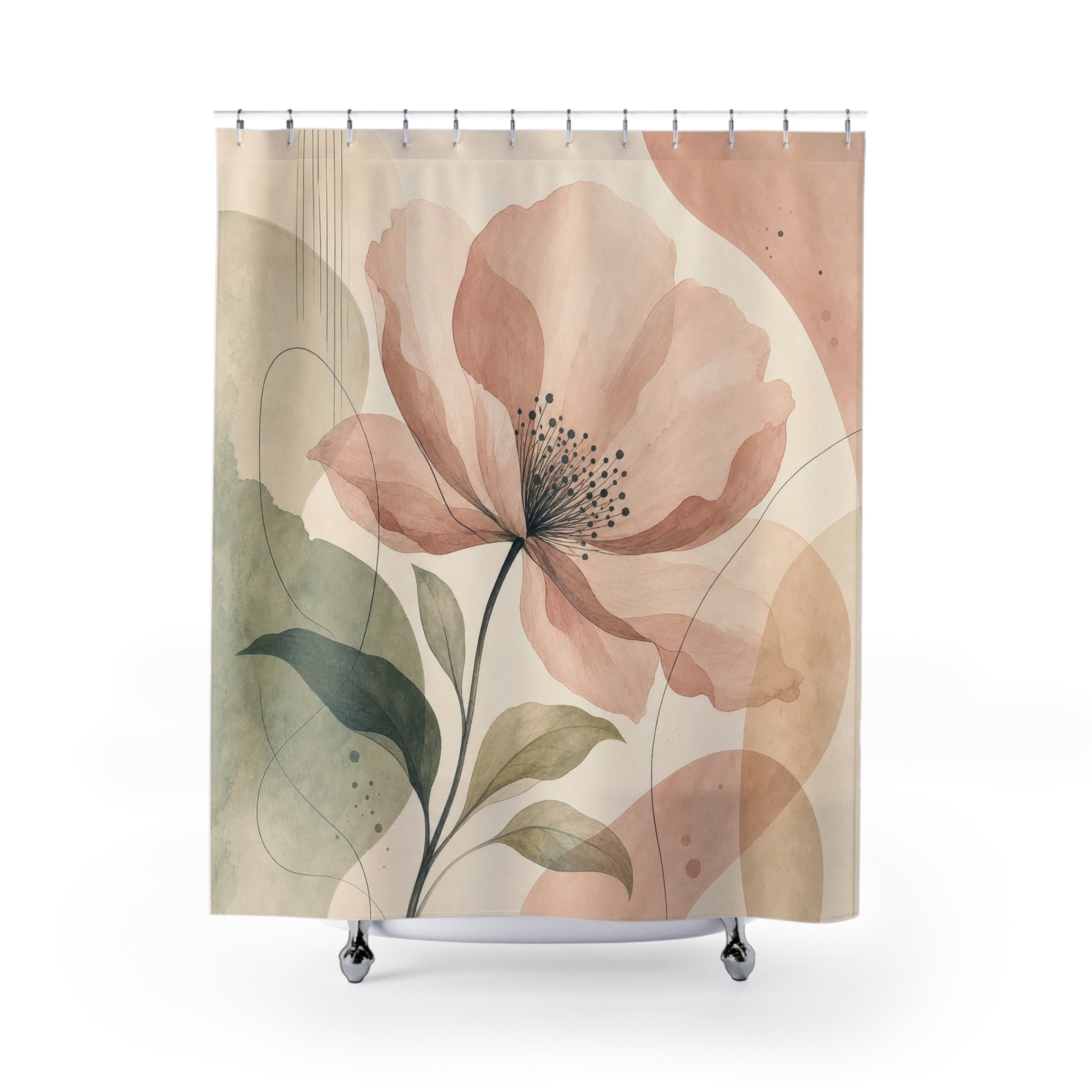 Peach Watercolor Floral Aesthetic Shower Curtain