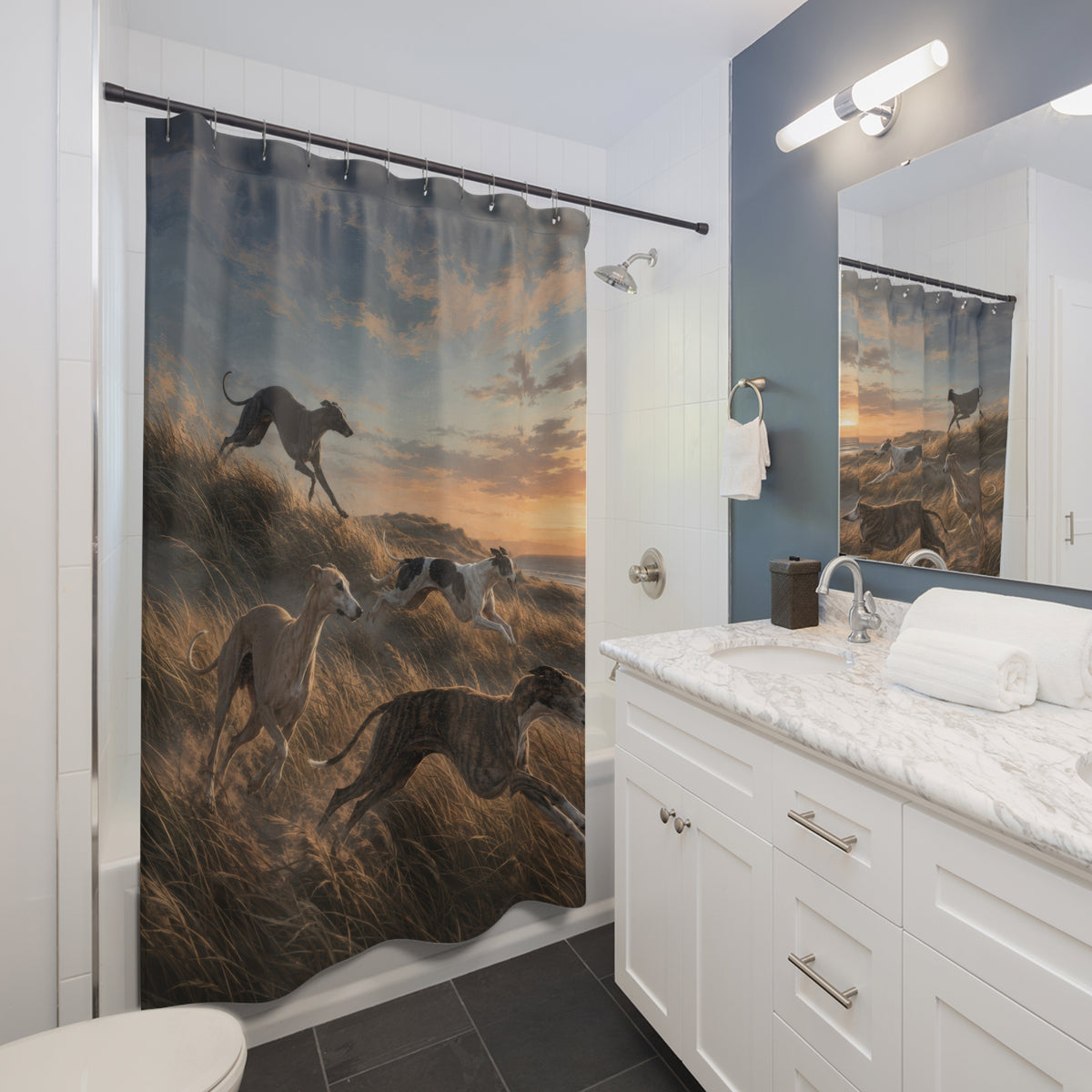 Four whippets racing through golden coastal dunes shower curtain beside a white vanity