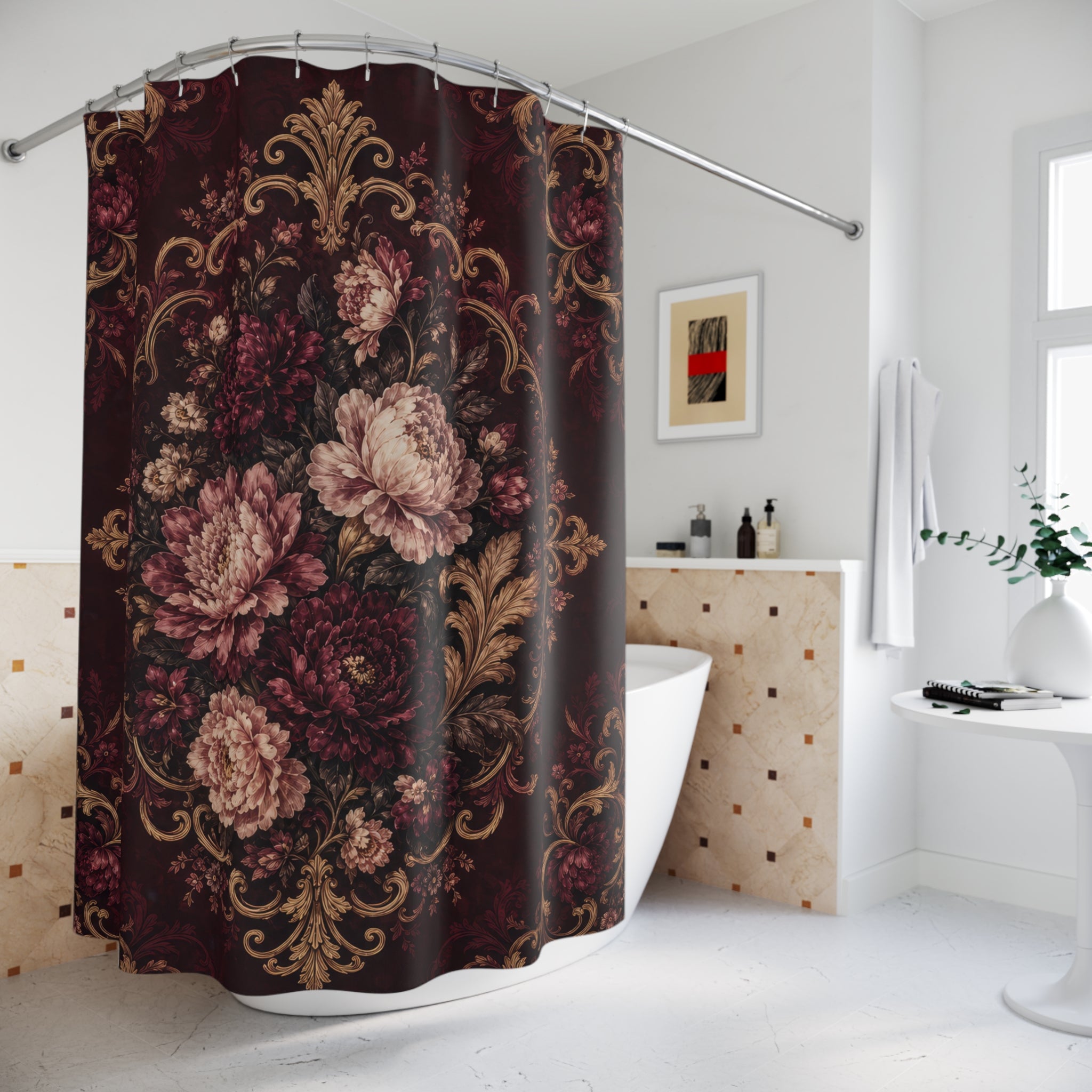 Burgundy Baroque Floral Shower Curtain