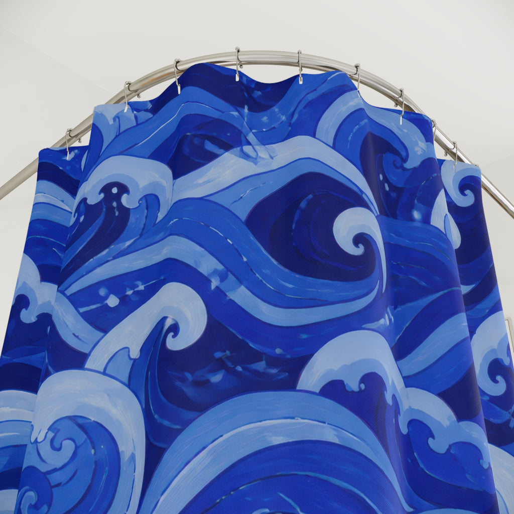 Blue Wave Shower Curtain, Cobalt Blue Coastal Bathroom Decor, Graphic Wave Bath Curtain, Guest Bath Decor, Small Bathroom Decor, Home Decor