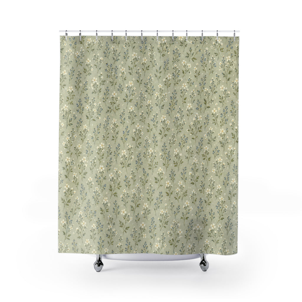 Sage Meadow Ditsy Shower Curtain, Sage Green Nature Bathroom Decor, Tiny Botanical Bath Curtain, Guest Bathroom Decor, Small Bathroom Decor