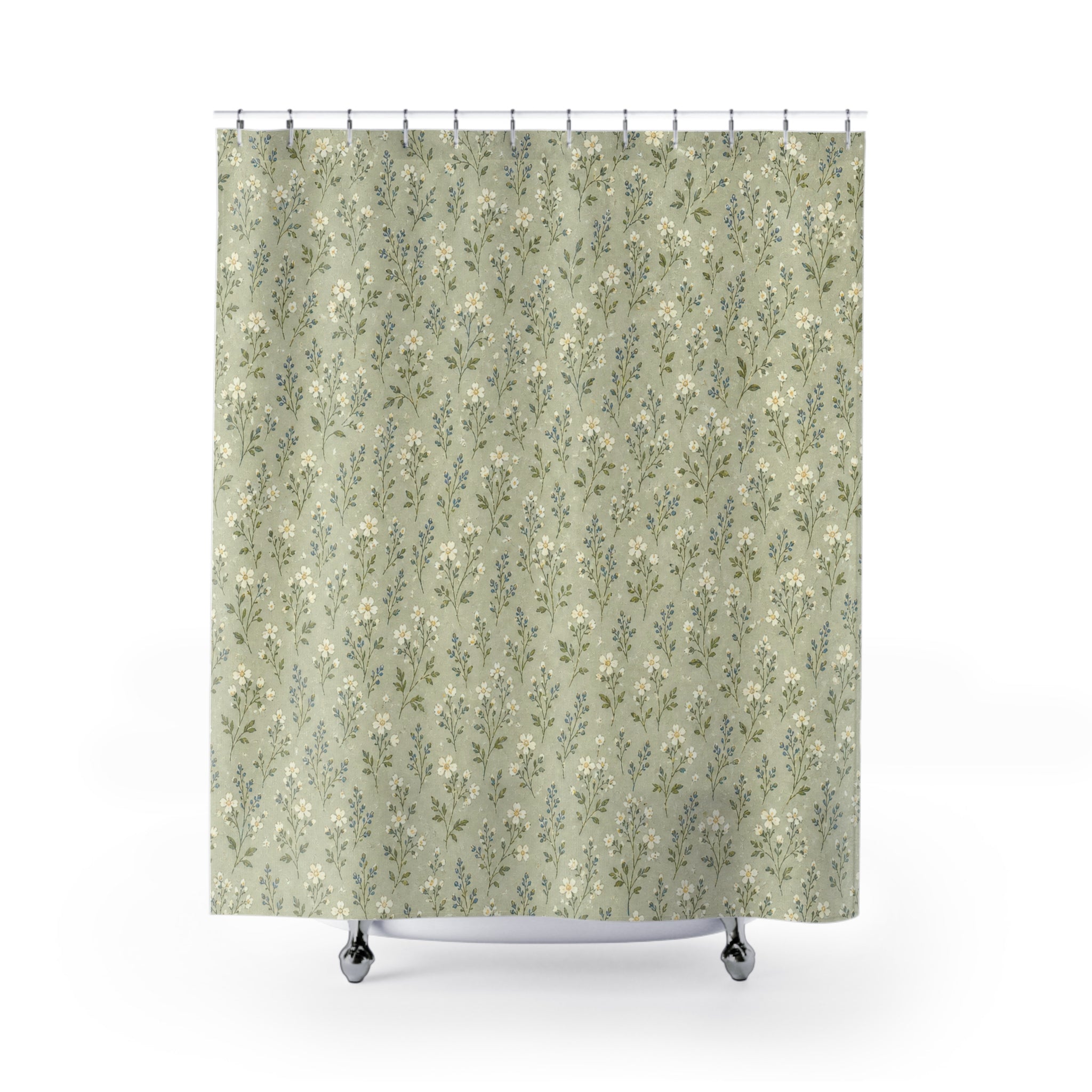 Sage Meadow Ditsy Shower Curtain, Sage Green Nature Bathroom Decor, Tiny Botanical Bath Curtain, Guest Bathroom Decor, Small Bathroom Decor