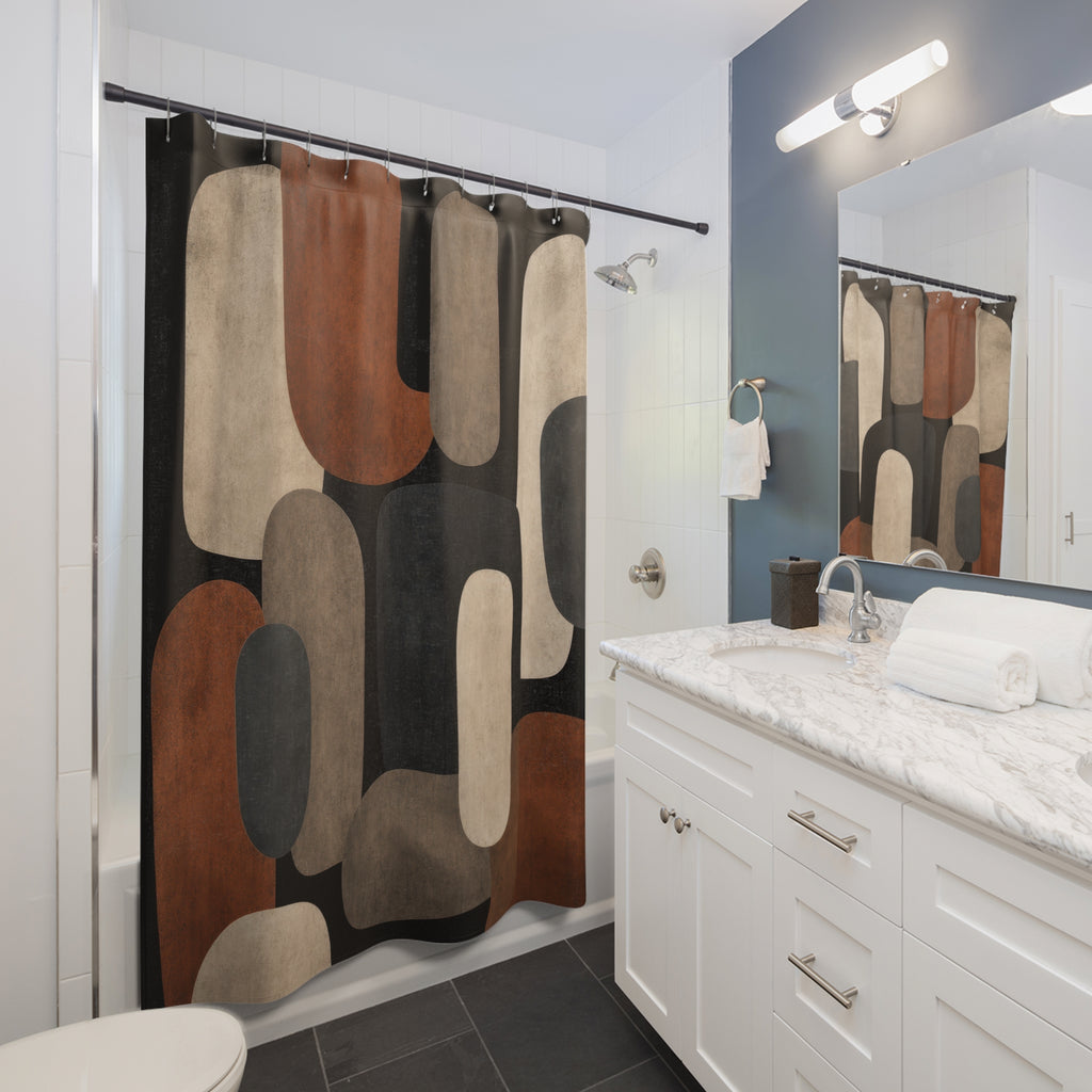Black Brown Shower Curtain, Modern Geometric Bath Decor, Rust Cream Rounded Block Pattern, Warm Neutral Bathroom Decor, Retro Style