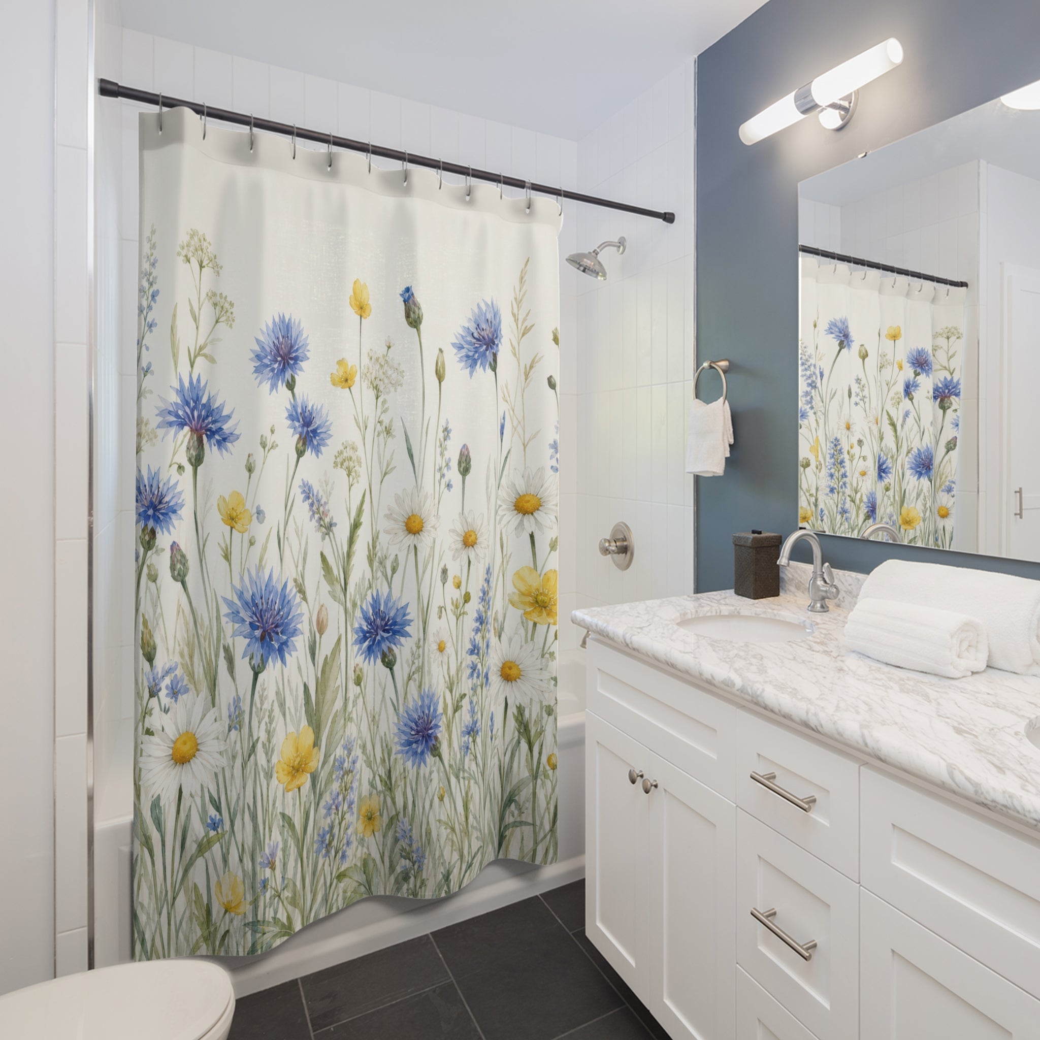 Blue Cornflower Daisy Watercolor Shower Curtain