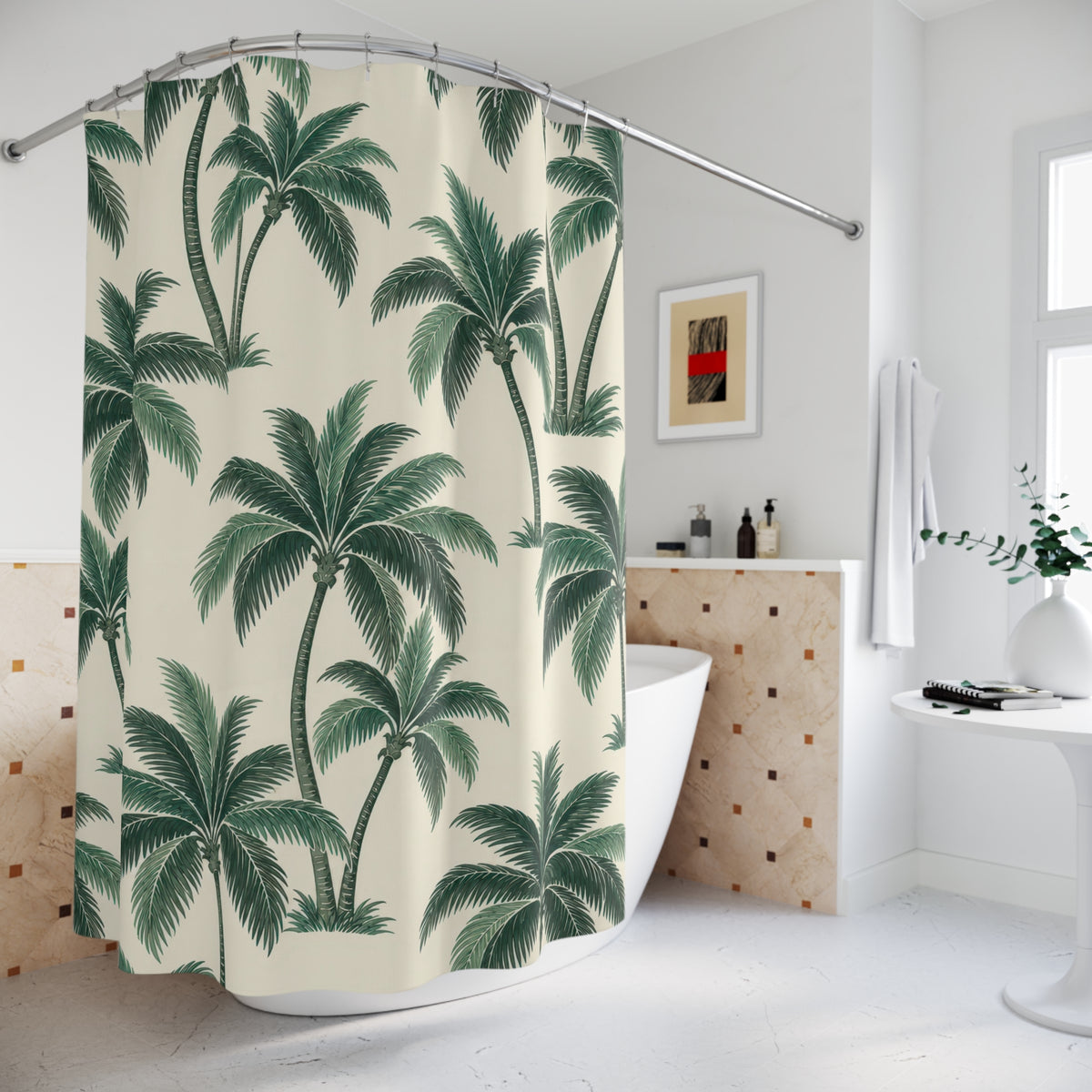 Green palm trees with curved trunks on warm cream shower curtain beside a freestanding tub