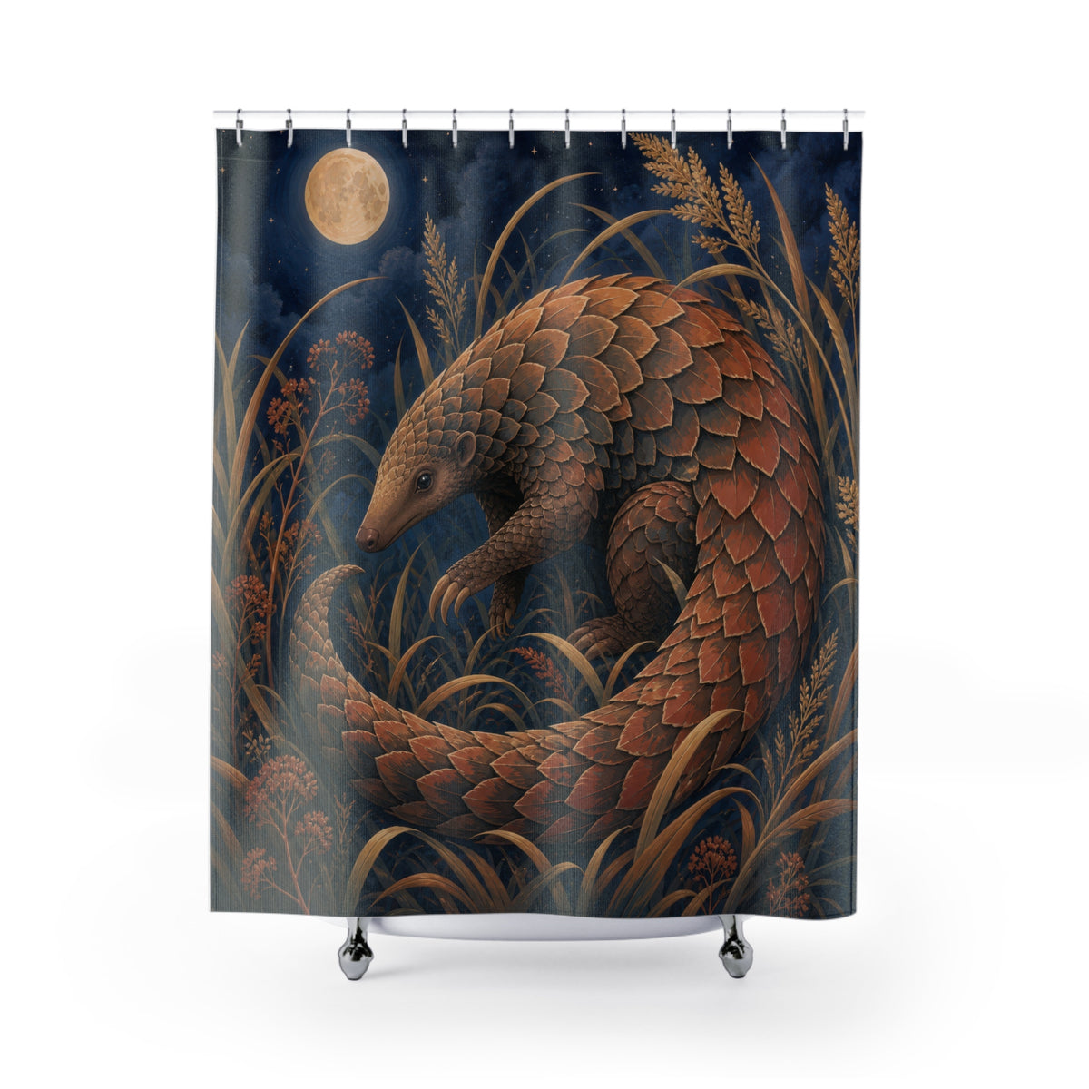 Pangolin animal curled among indigo moonlit grasses shower curtain with full front view