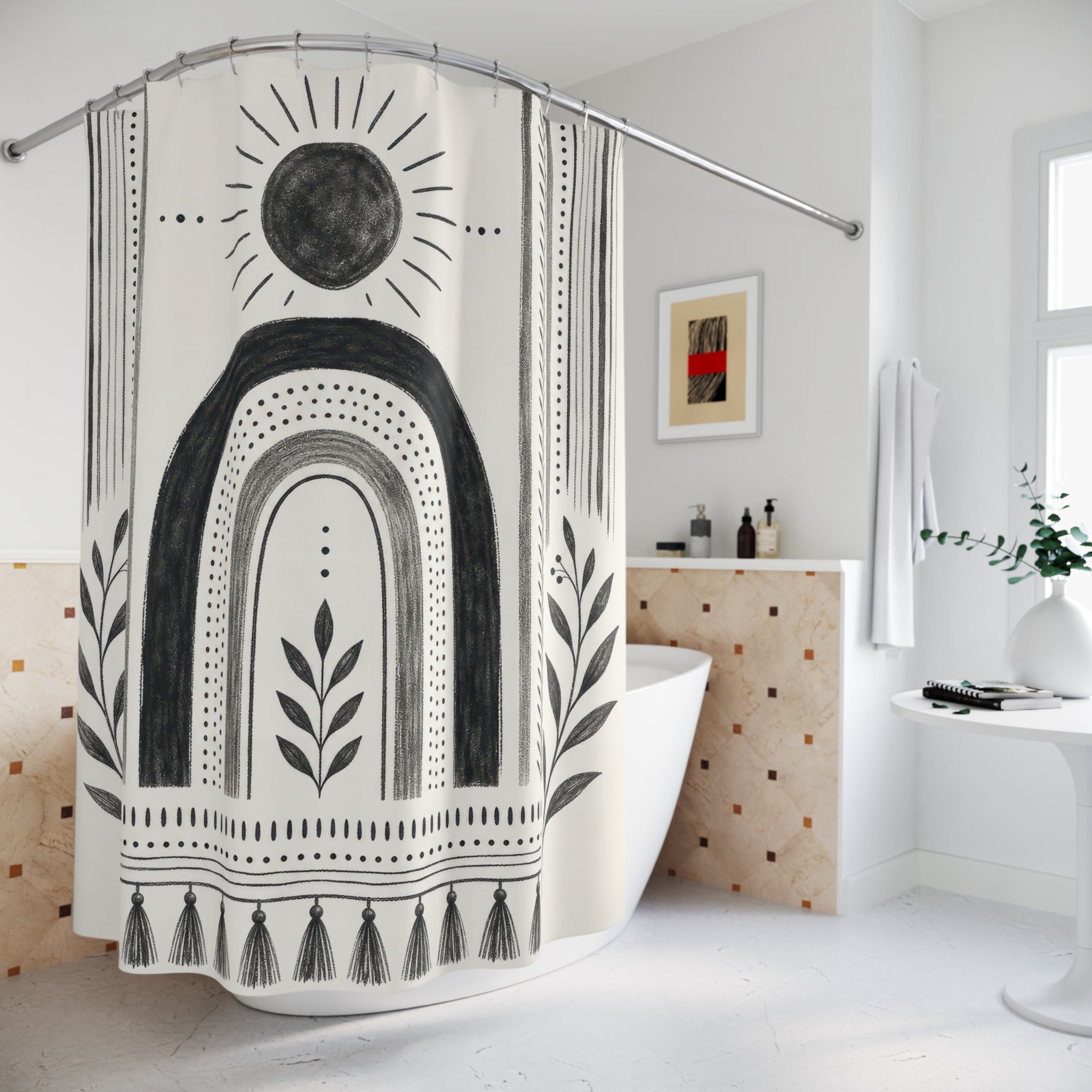 Boho Shower Curtain: Black White Shower Curtain: Black White S
