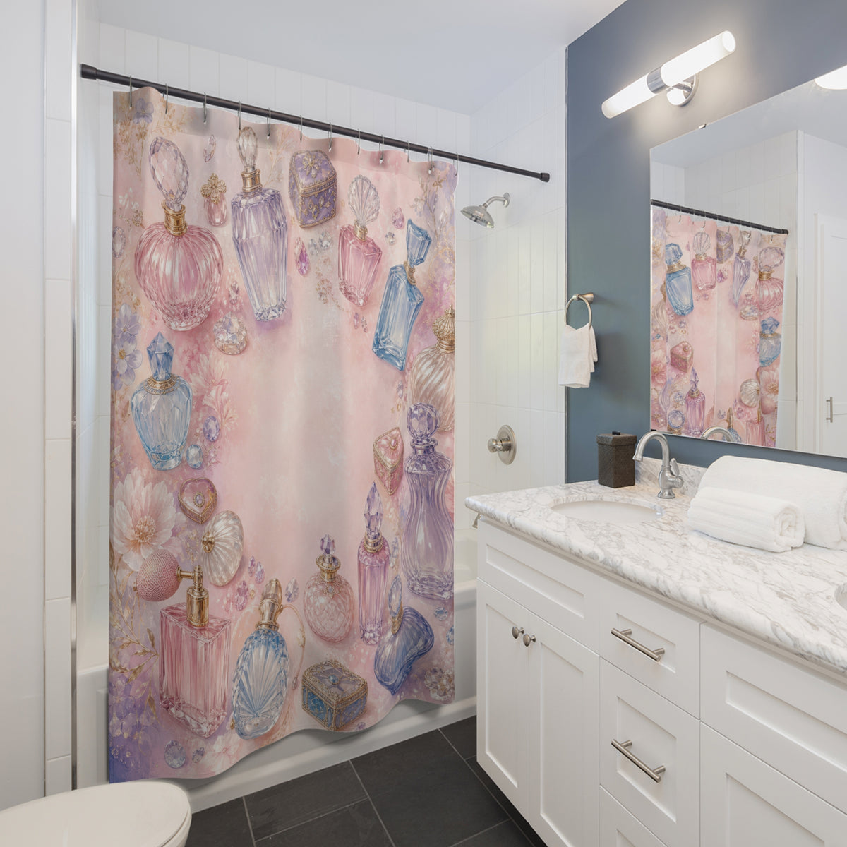 Pastel vintage perfume bottles and jeweled vanity treasures shower curtain beside a white vanity