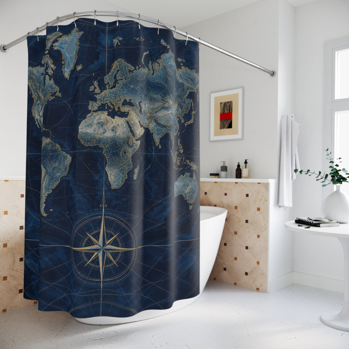 Navy world map with gold-toned compass and coastlines shower curtain beside a freestanding tub