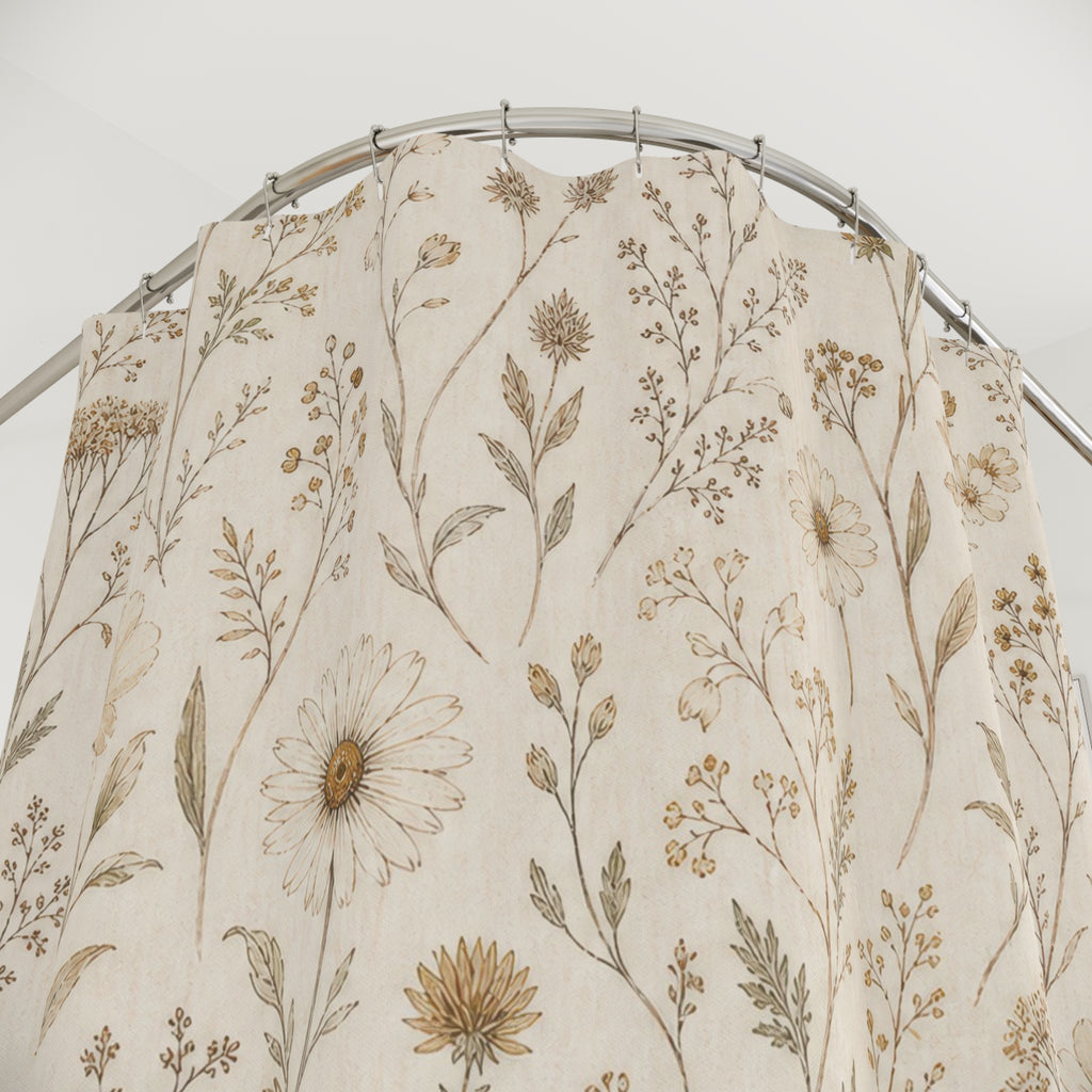 Beige Meadow Botanical Shower Curtain