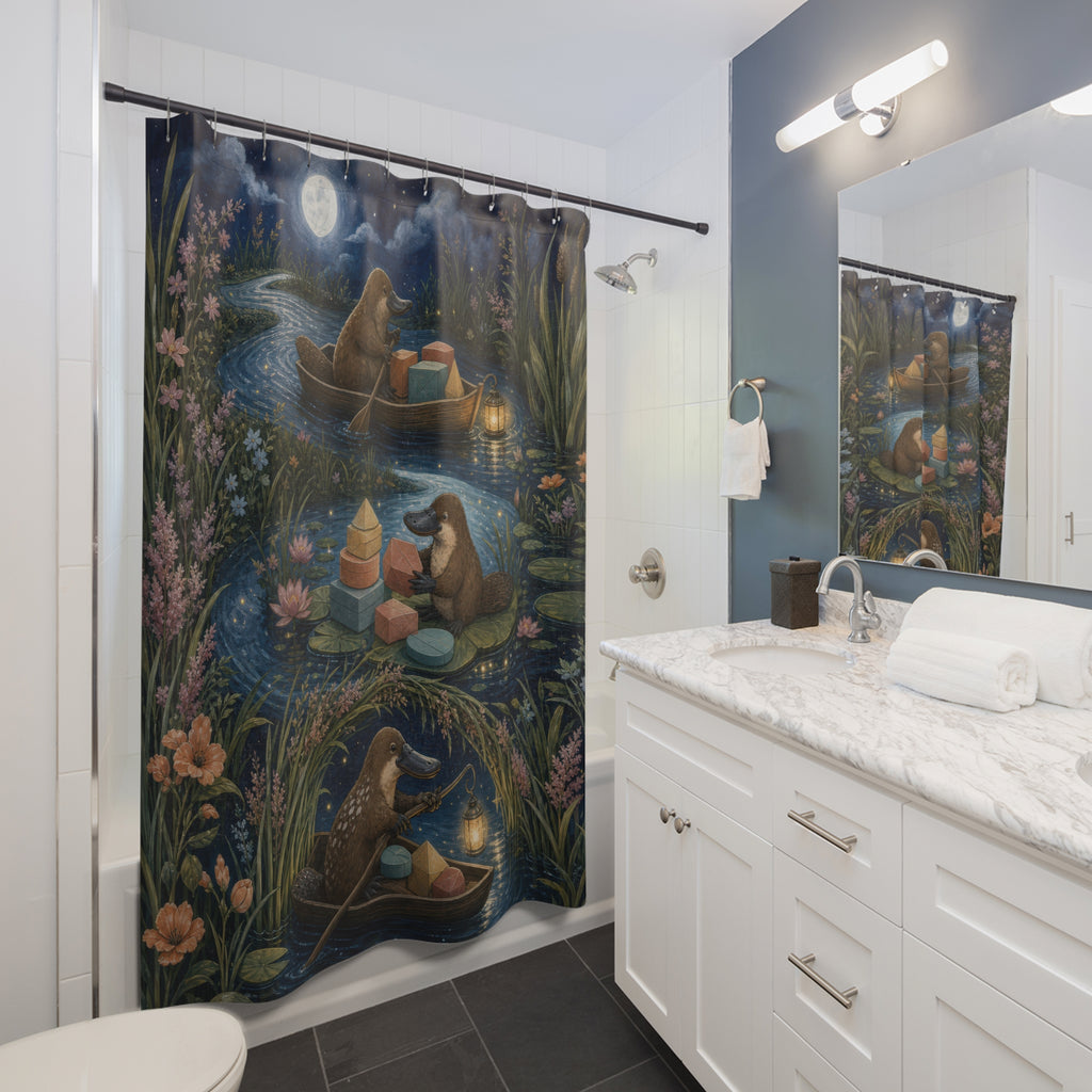 Whimsical platypus postal boats on a moonlit canal shower curtain beside a white vanity