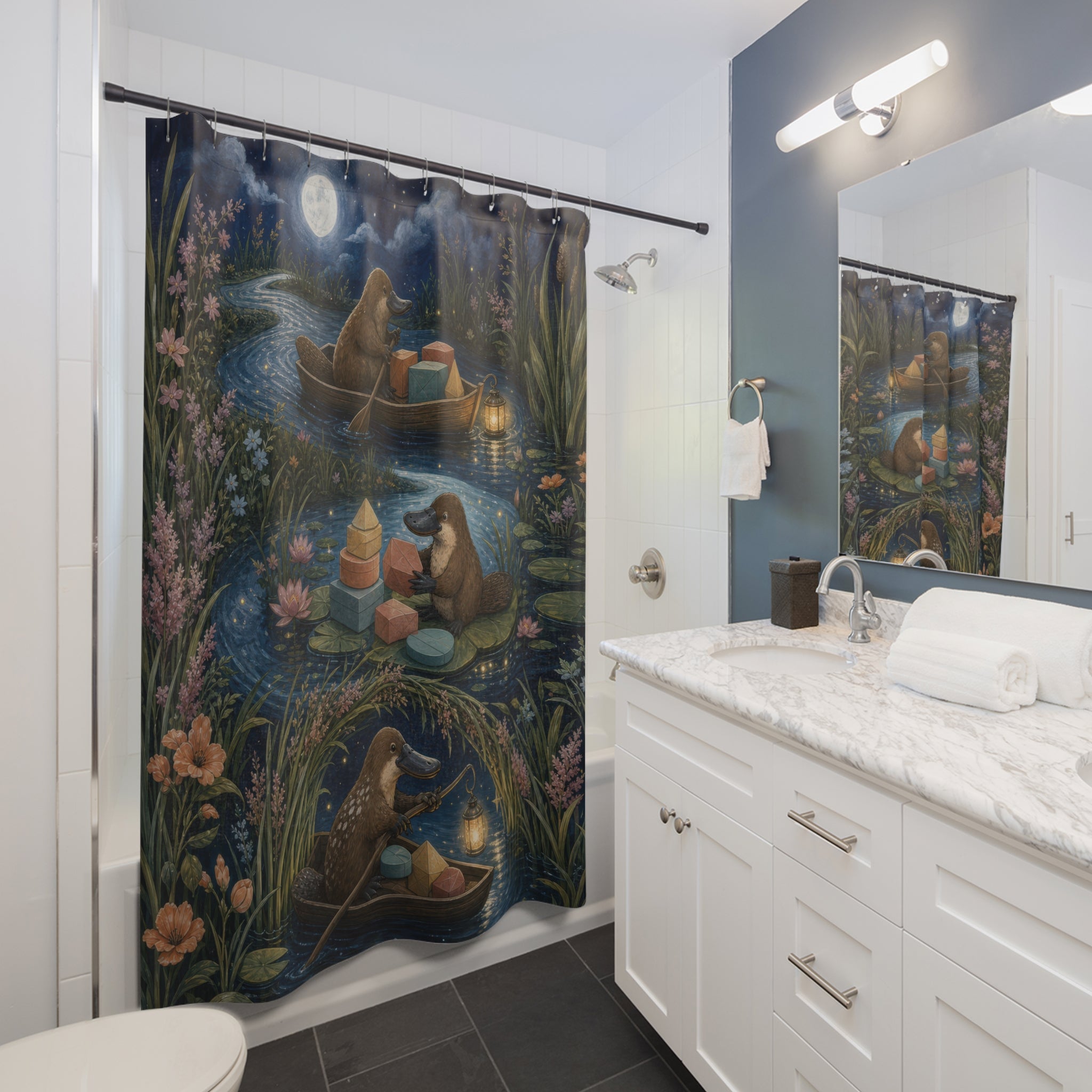 Whimsical platypus postal boats on a moonlit canal shower curtain beside a white vanity