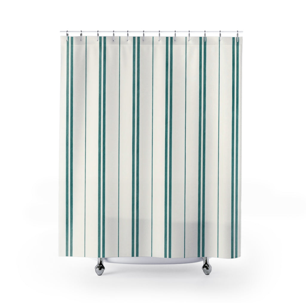 Teal Pinstripe Shower Curtain, Teal White Coastal Bathroom Decor, Clean Stripe Bath Curtain, Guest Bathroom Decor, Small Bathroom Decor