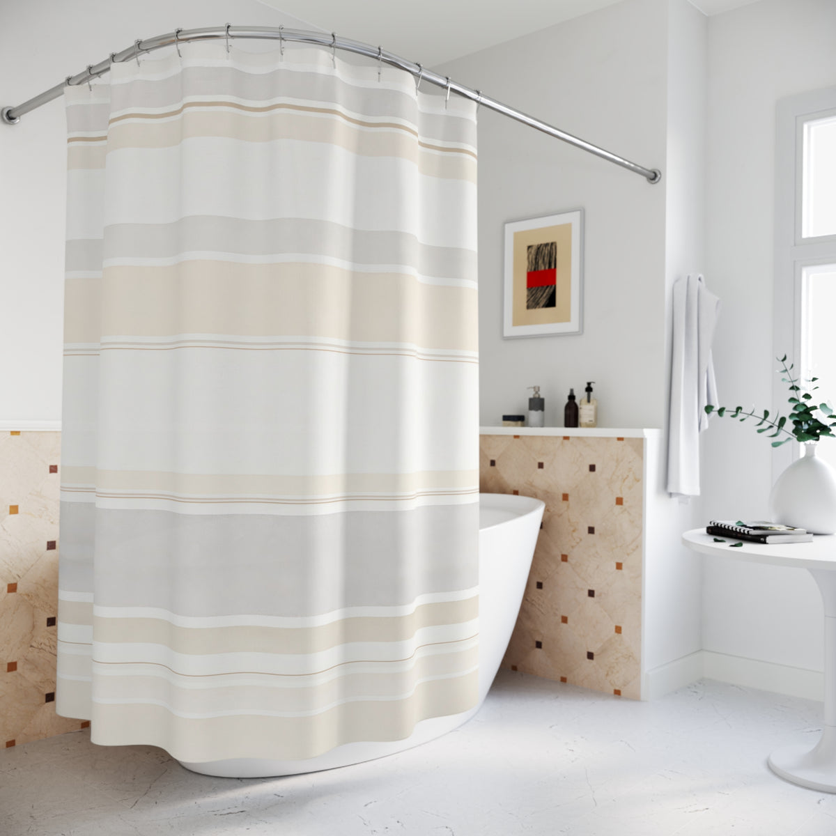 Horizontal Cream Beige Watercolor Band shower curtain beside a freestanding tub