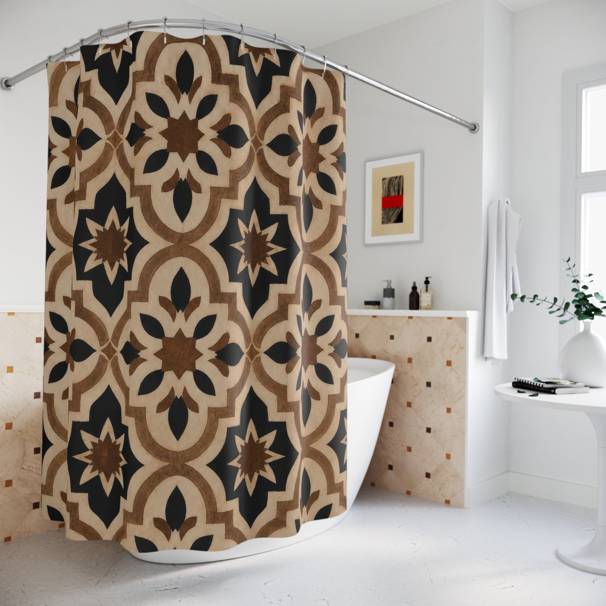 Black Brown Floral Medallion Shower Curtain