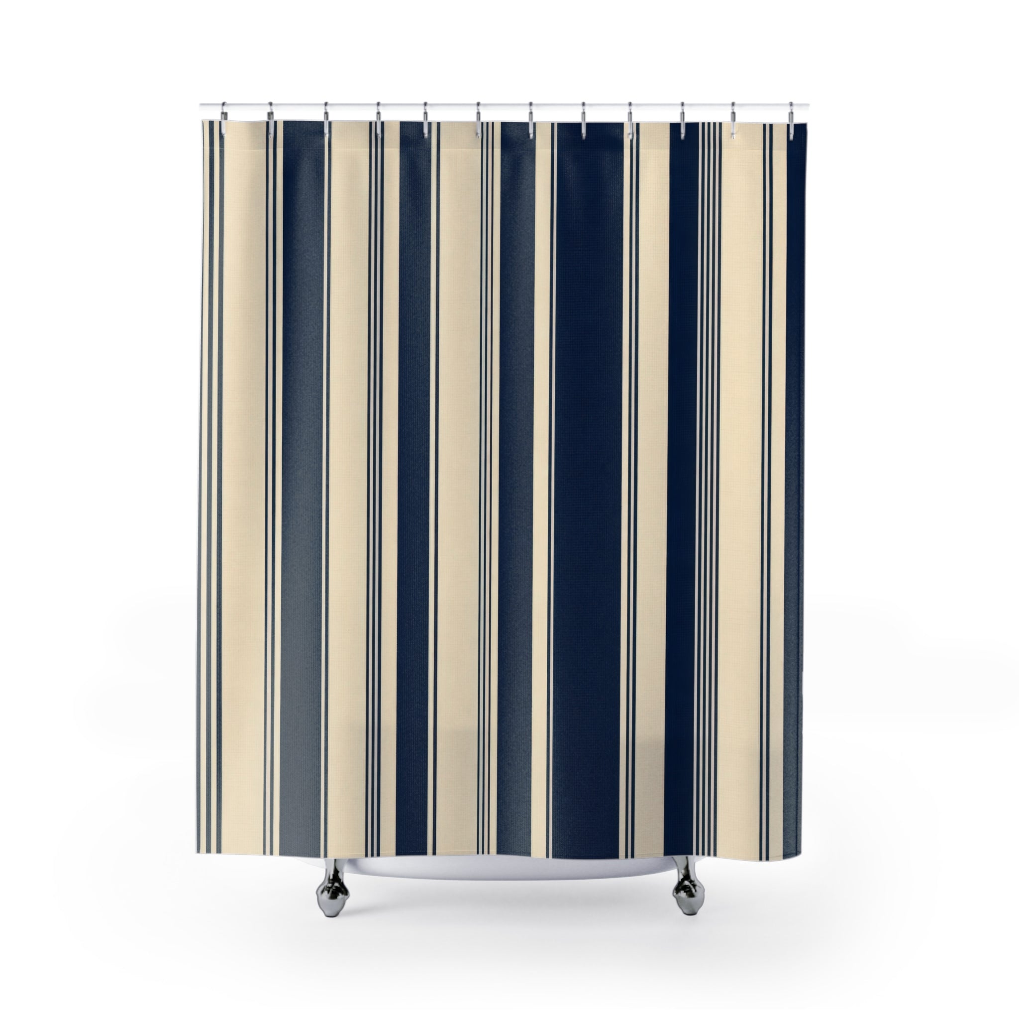 Navy Blue Cream Tan Stripe Shower Curtain