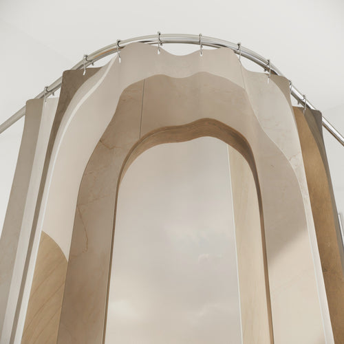Alabaster Architectural decorative shower curtain with close-up print, hooks, and folds