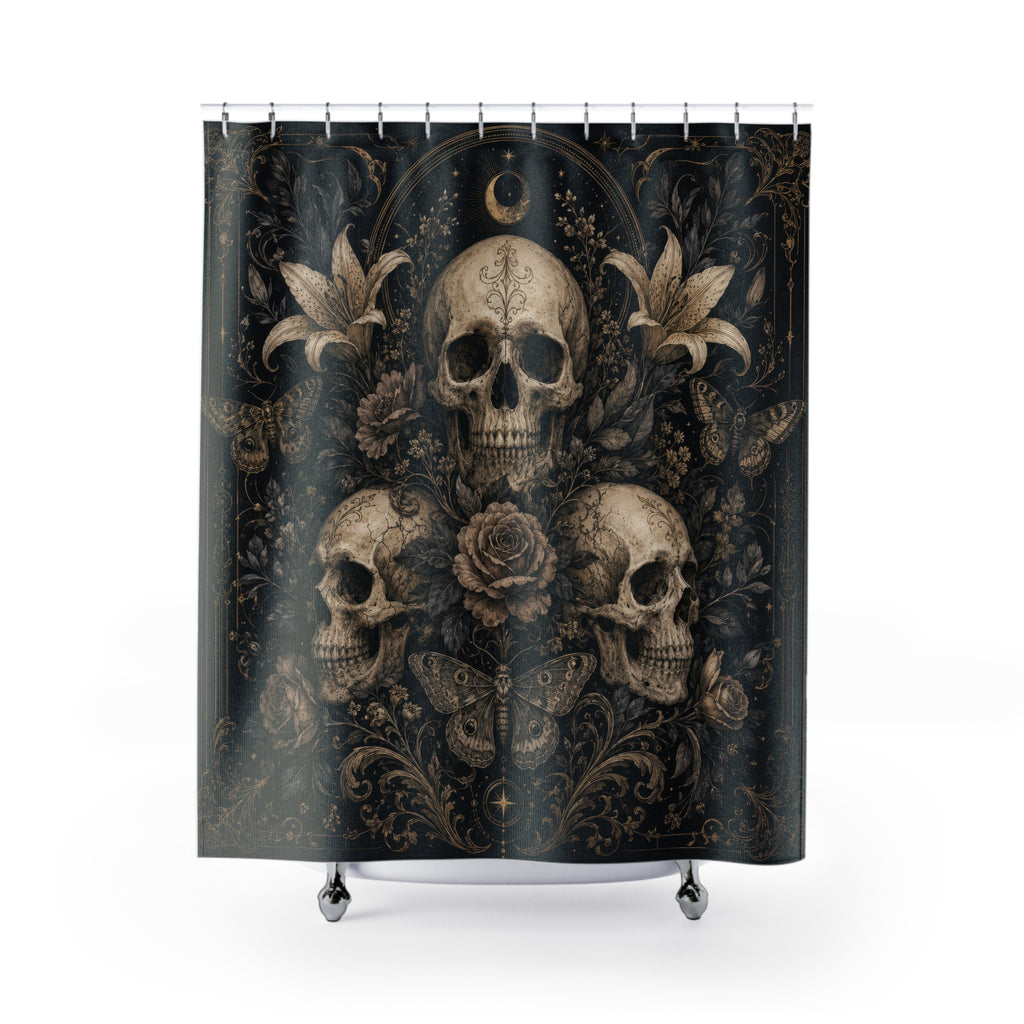 Gothic Skull Shower Curtain: Black Gold Floral Moon Moth