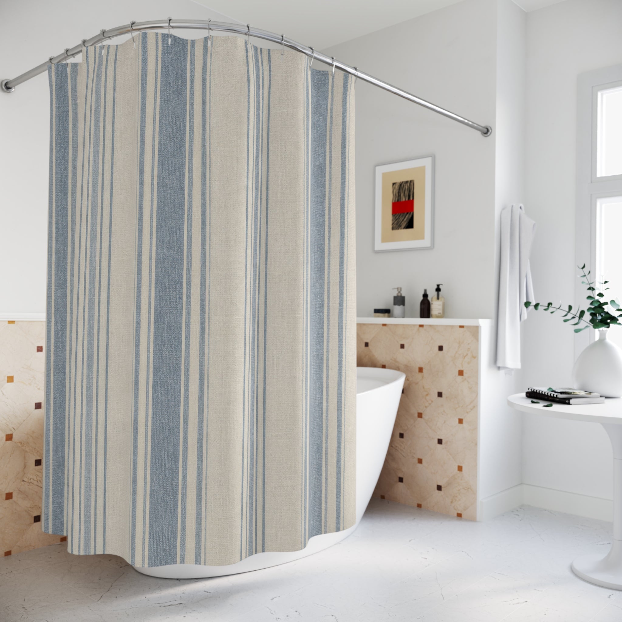 Blue Striped Shower Curtain, Gray White Bath Decor, Pale Blue Vertical Stripe Pattern, Soft Neutral Guest Bathroom Decor, Calm Blue Style
