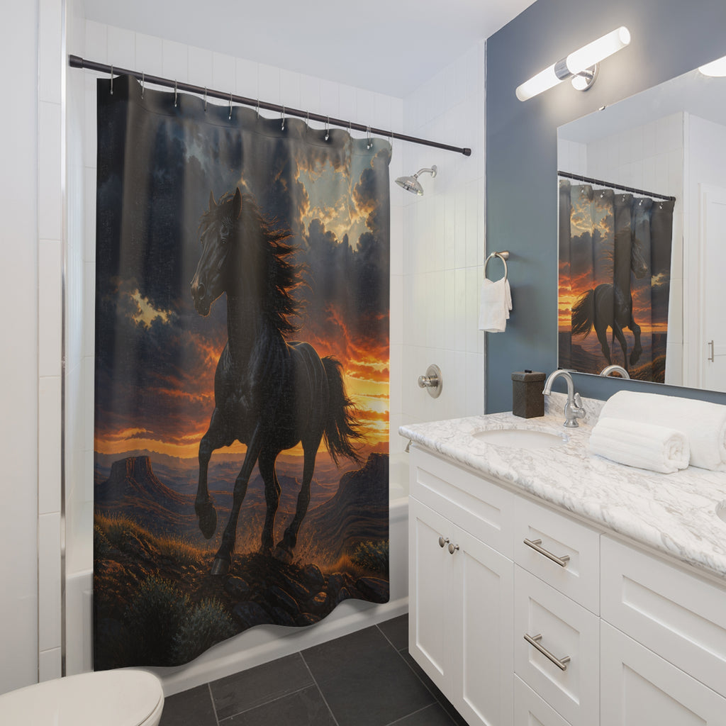 Black wild horse running across a storm-lit mesa ridge shower curtain beside a white vanity