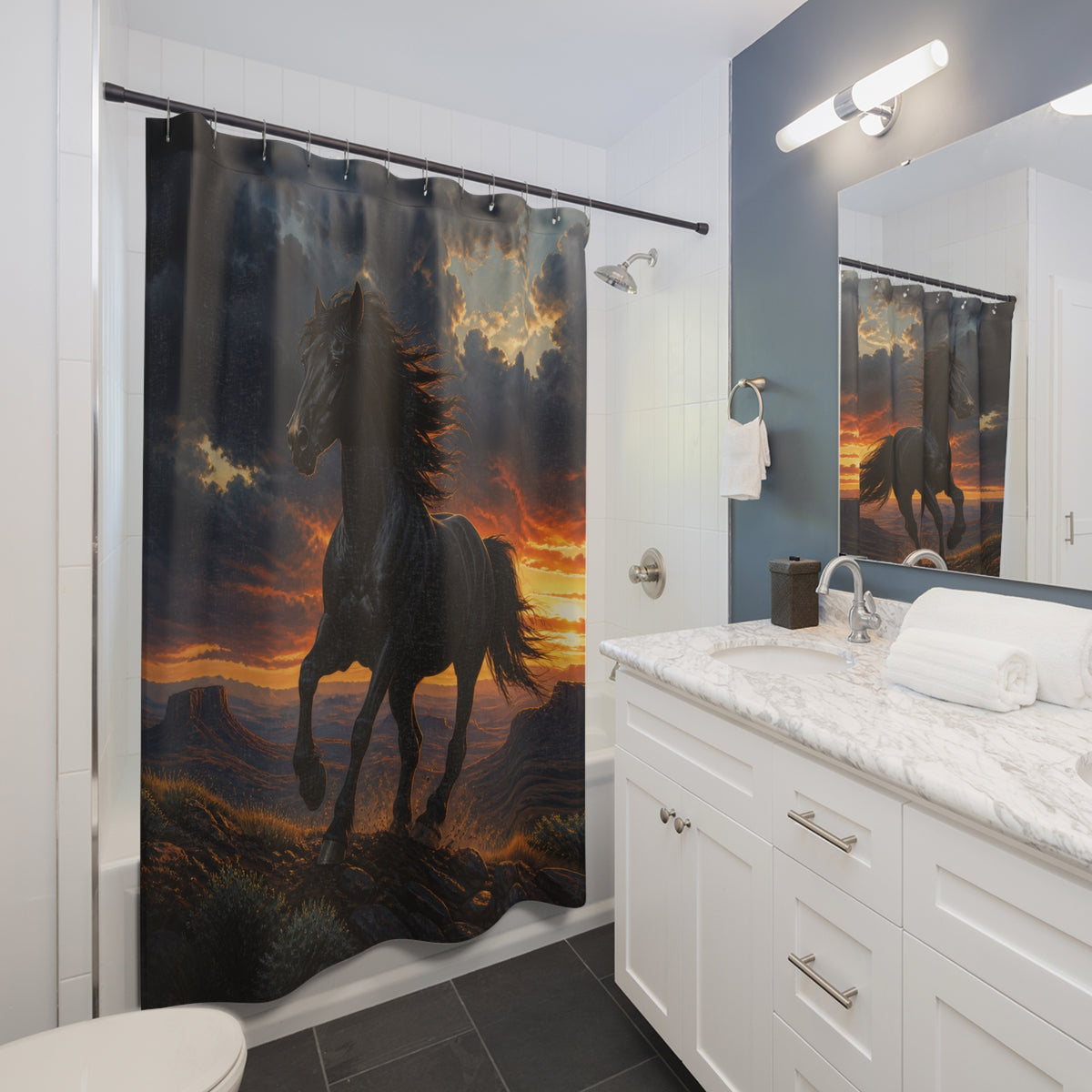 Black wild horse running across a storm-lit mesa ridge shower curtain beside a white vanity