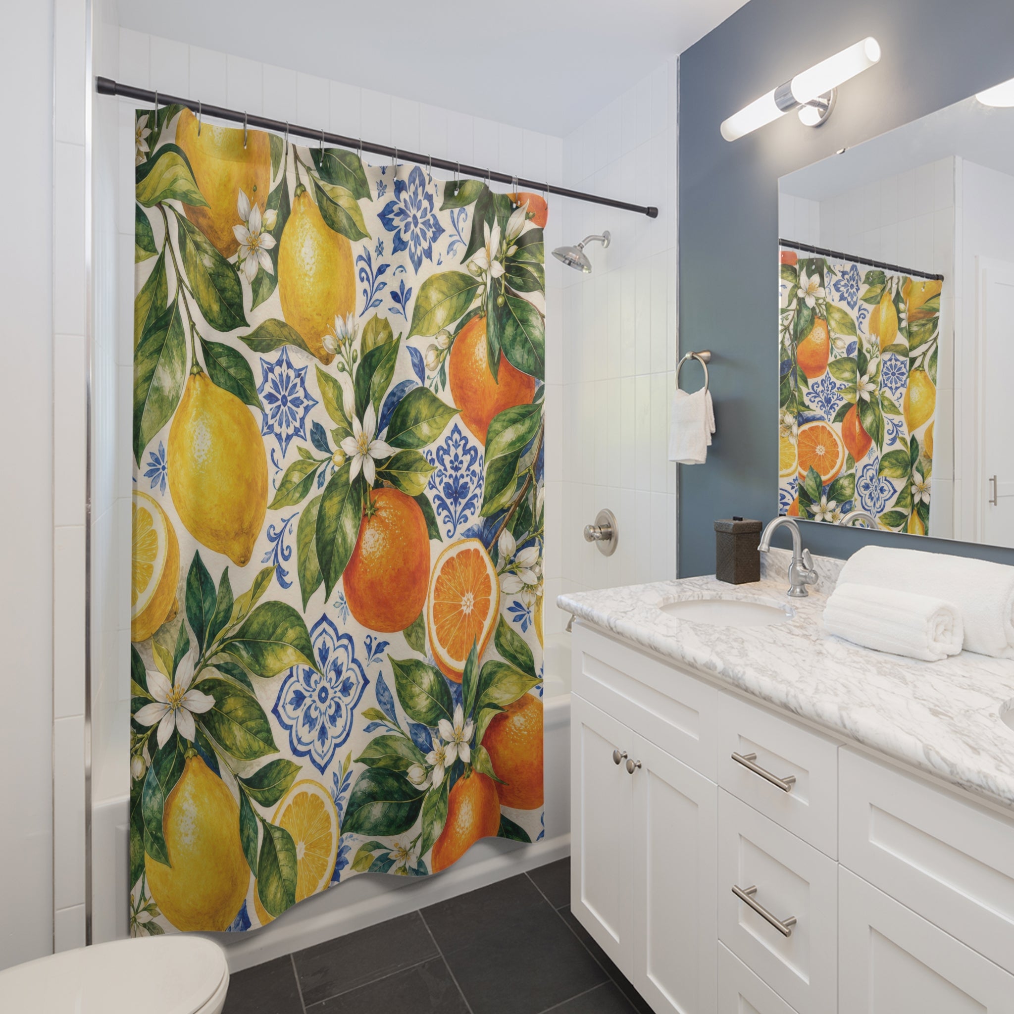 Citrus Shower Curtain: Lemon Orange Botanical Pattern