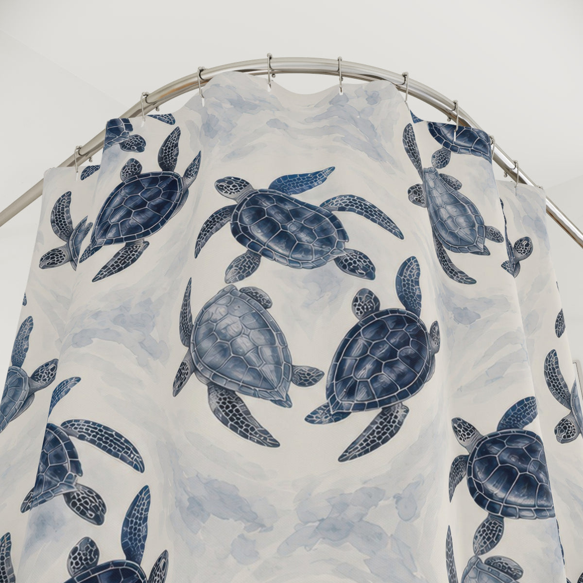 Navy and slate-blue sea turtle trios shower curtain with close-up print, hooks, and folds