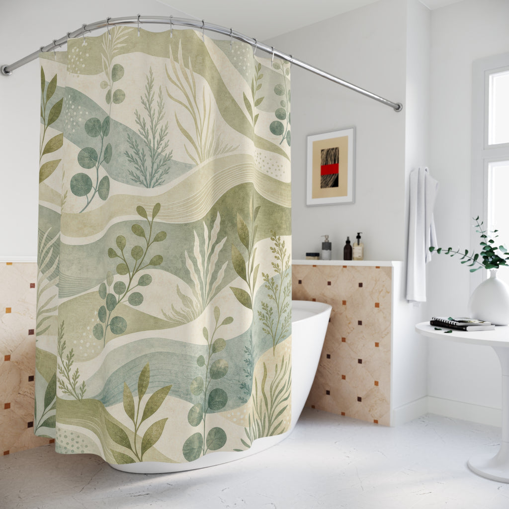 Olive Blue Coastal Waves Shower Curtain