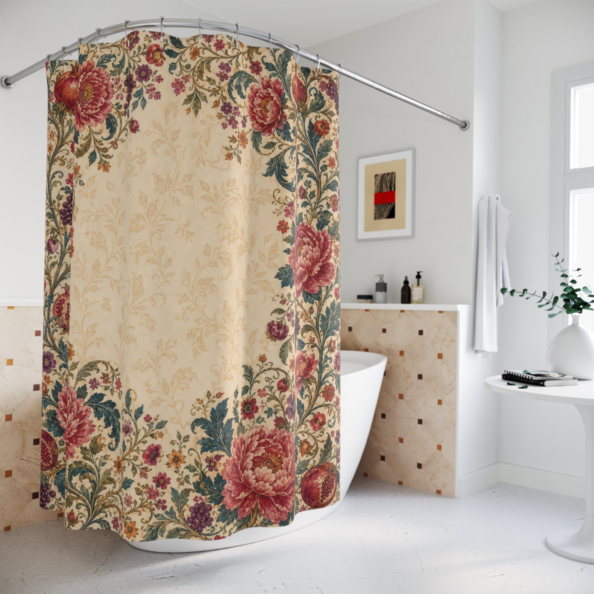 Boho Floral Border Pomegranate Shower Curtain
