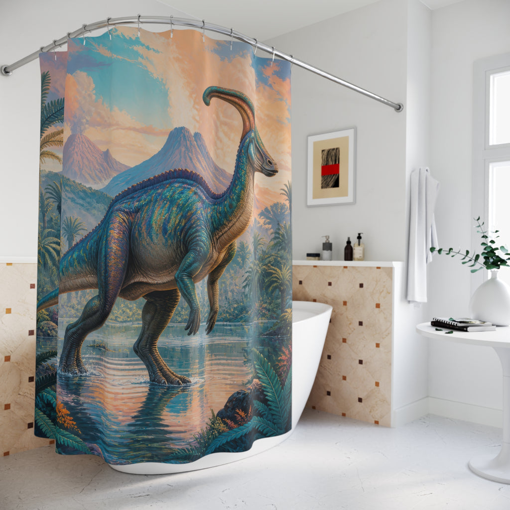 Blue orange parasaurolophus in a reflective tropical river shower curtain beside a freestanding tub