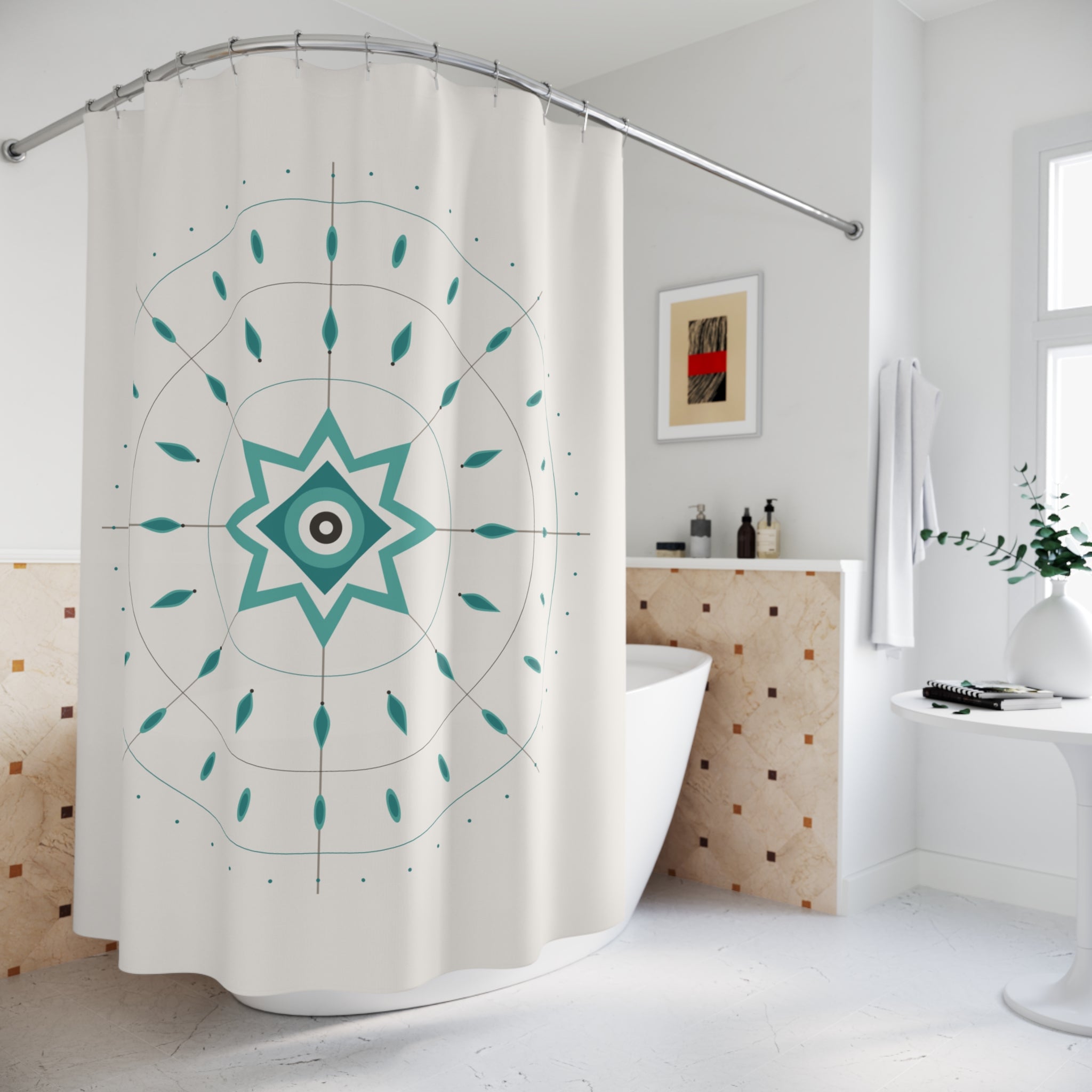 Teal Mandala Shower Curtain – Compass Star on Cream