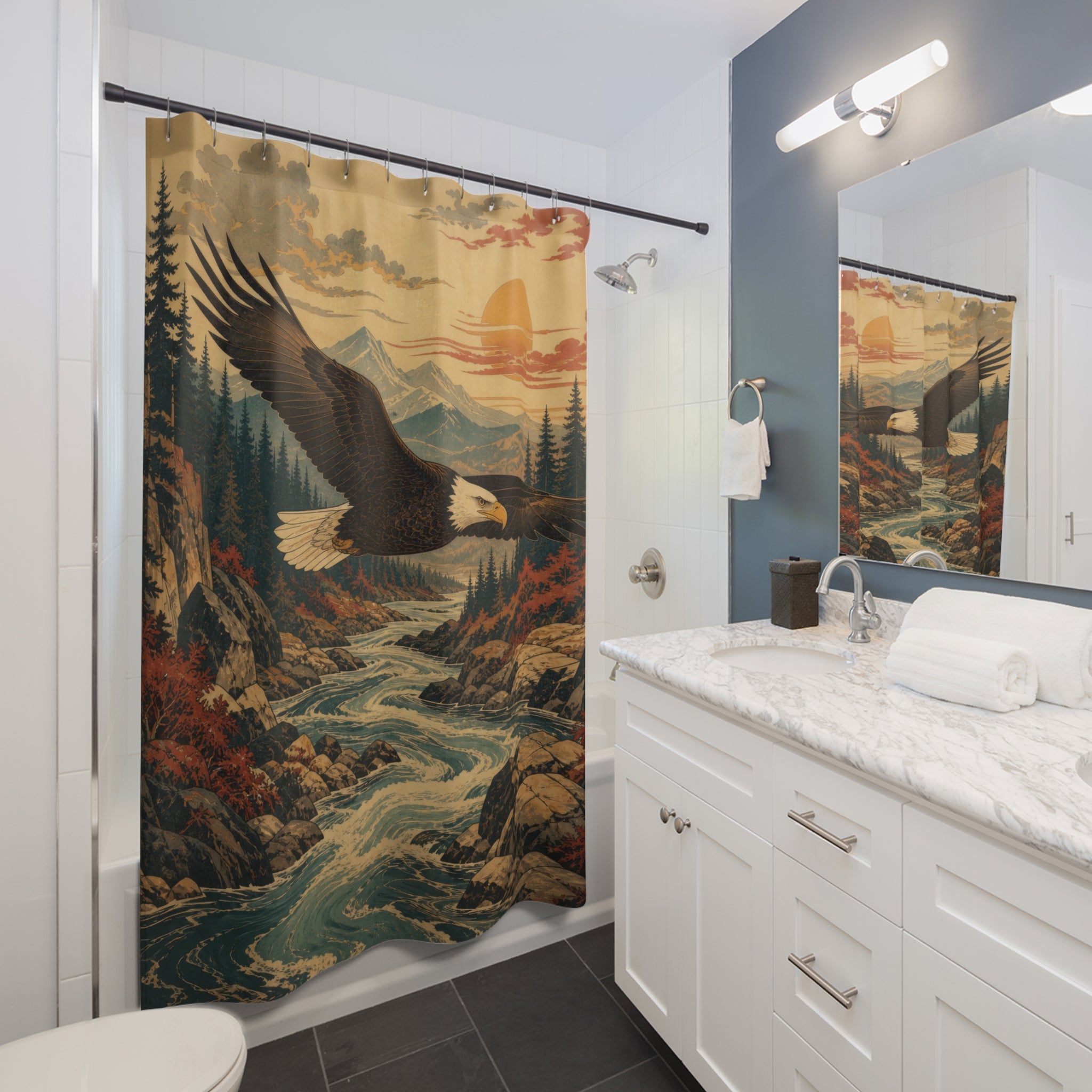 Bald eagle flying above a sunset river valley shower curtain beside a white vanity