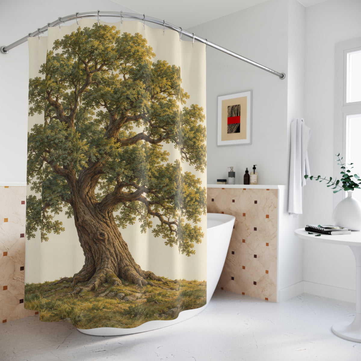 Olive green oak tree on cream shower curtain beside a freestanding tub
