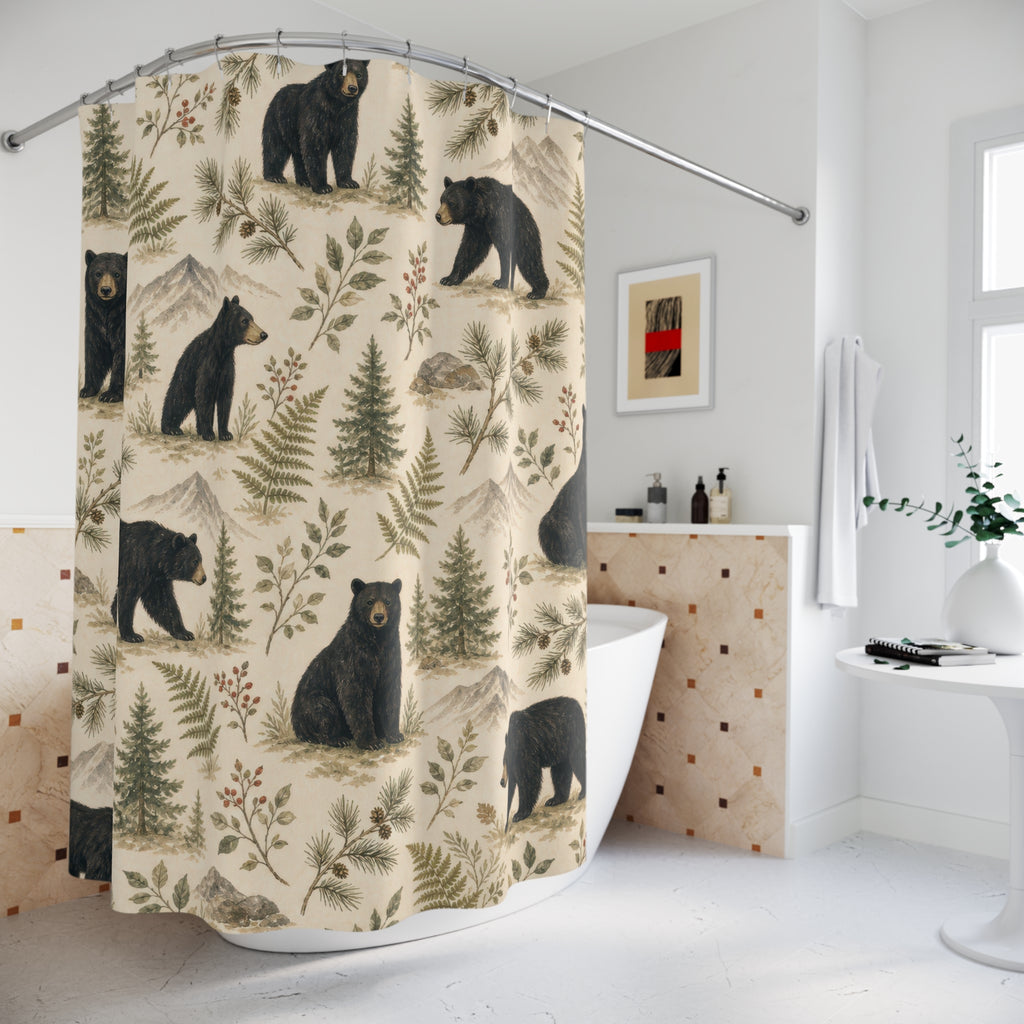 Black Woodland Bear Shower Curtain