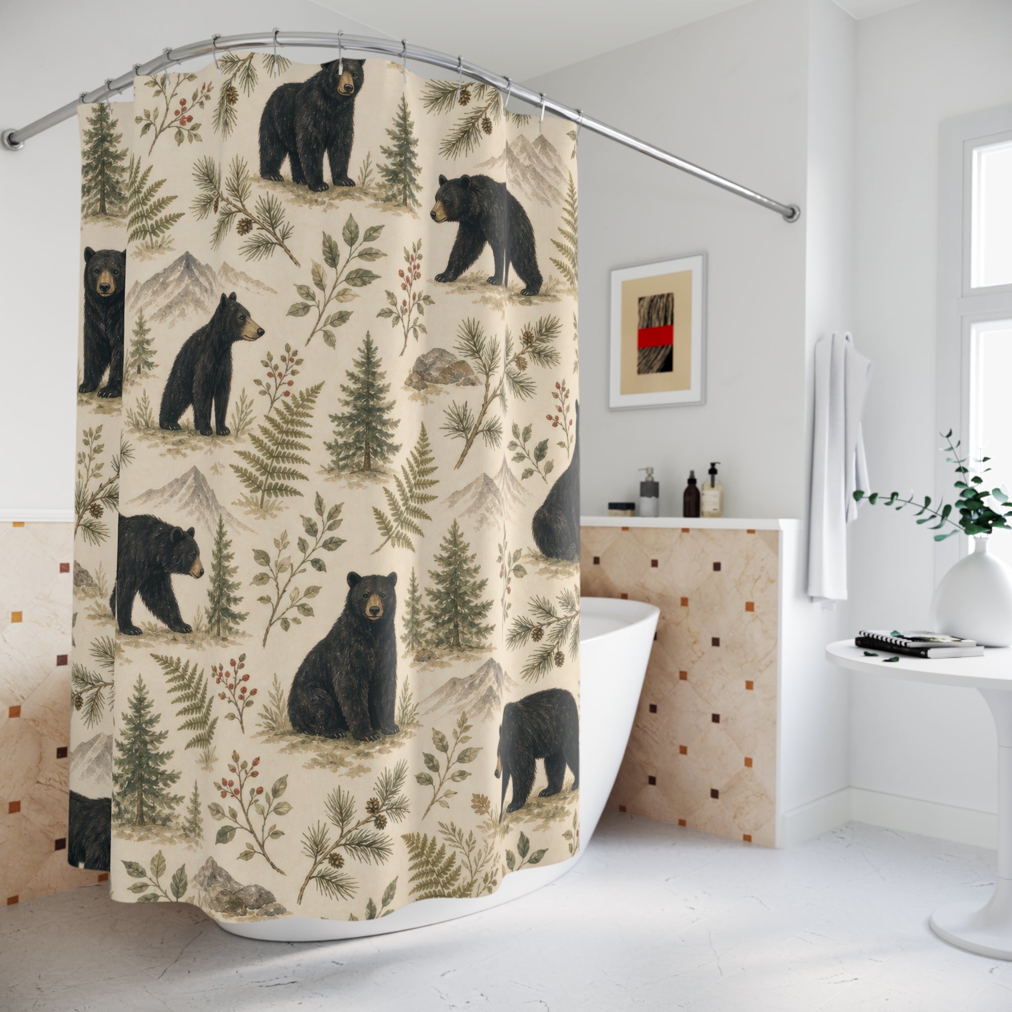 Black Woodland Bear Shower Curtain