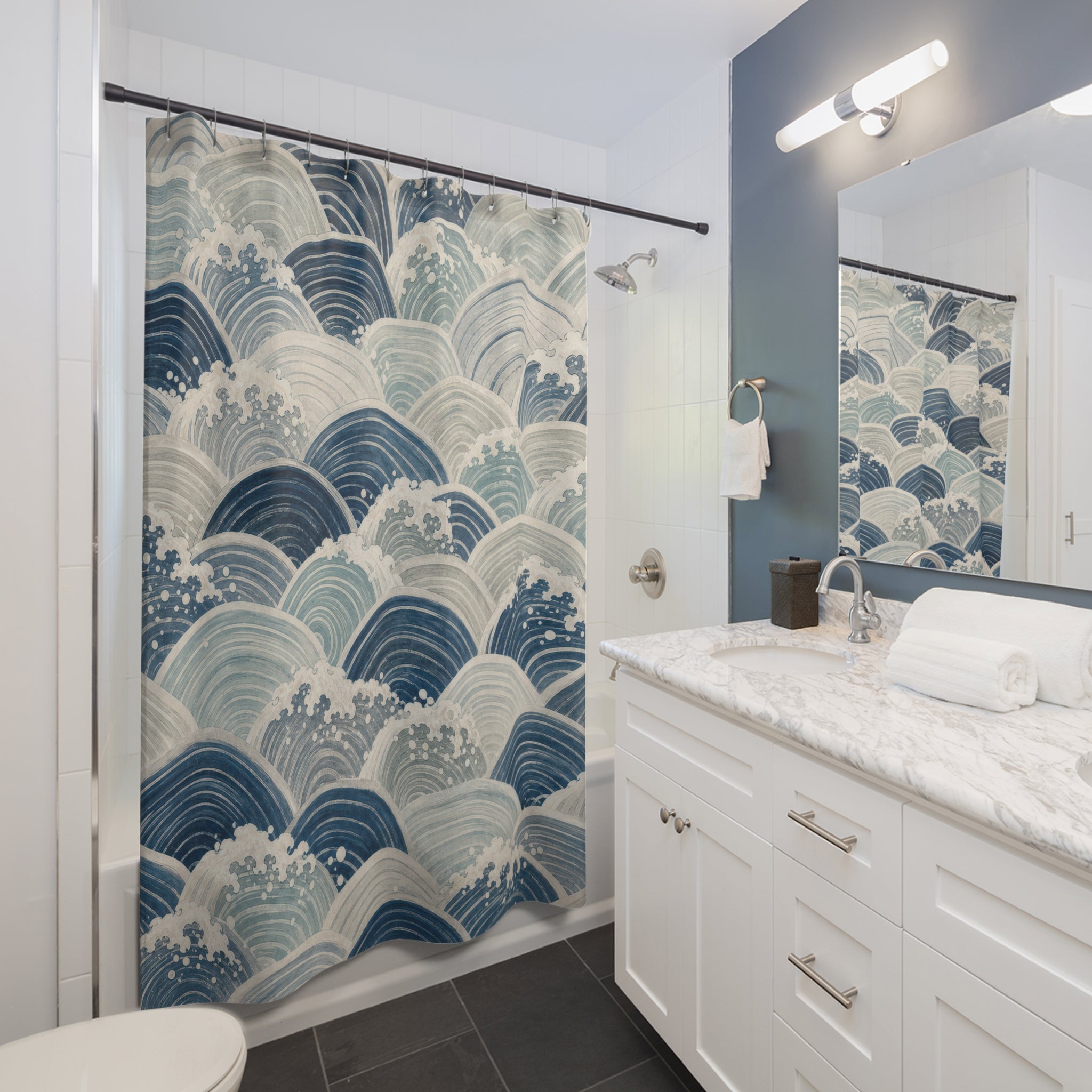 Wave Shower Curtain, Japanese Inspired Blue Ocean Pattern, Coastal Bathroom Decor, Nautical Guest Bath Seaside Blue Style