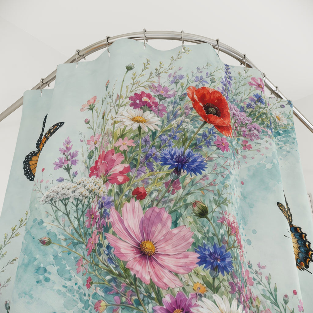 Watercolor wild flower sweep with poppies and butterflies shower curtain with close-up print, hooks, and folds