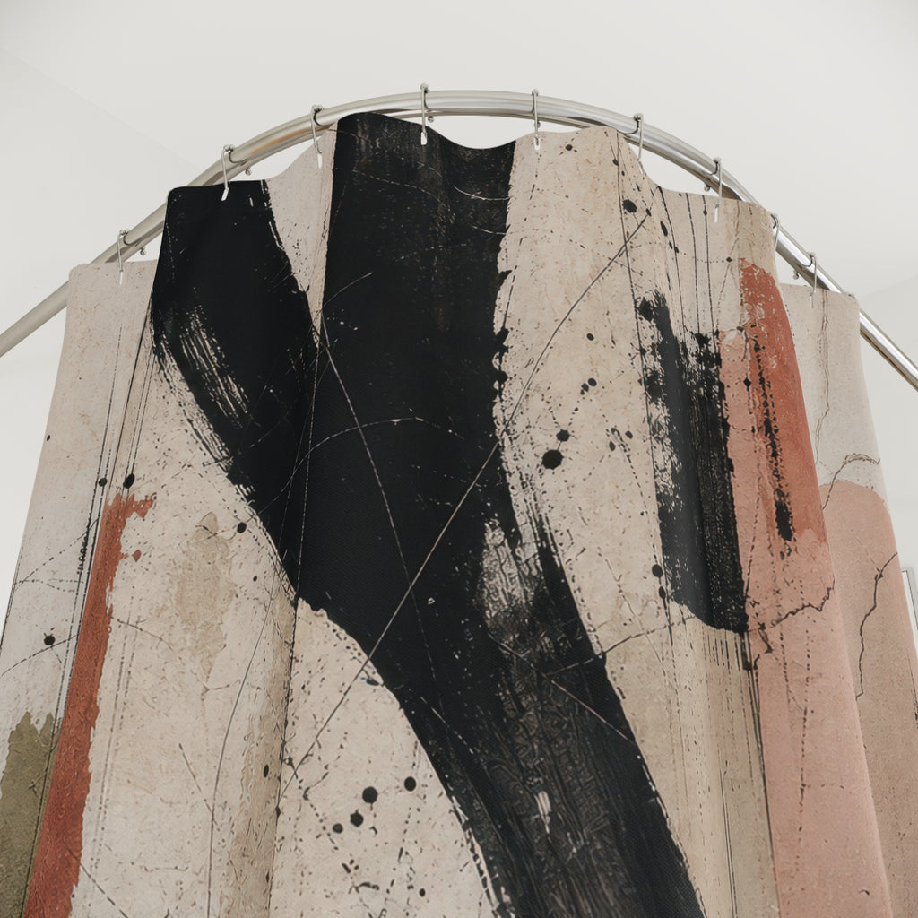 Abstract Shower Curtain, Muted City Shapes, Beige Teal Terracotta Bathroom Decor, Modern Geometric Art, Soft Urban Guest Bath, Warm Decor