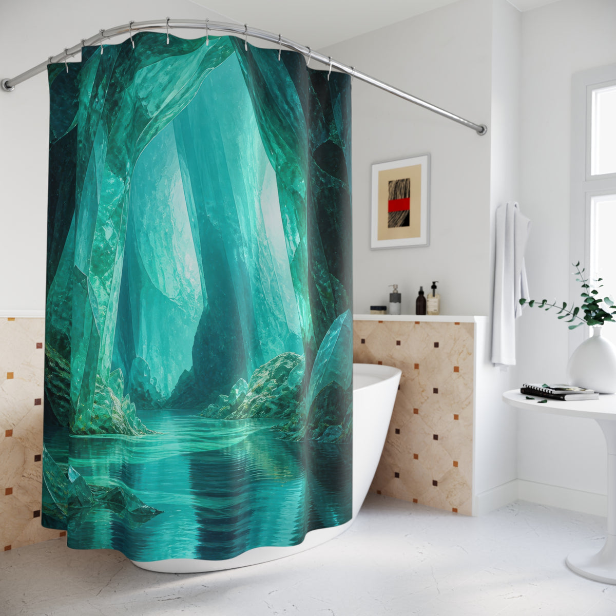 Luminous turquoise crystal grotto surrounding a quiet aqua pool shower curtain beside a freestanding tub