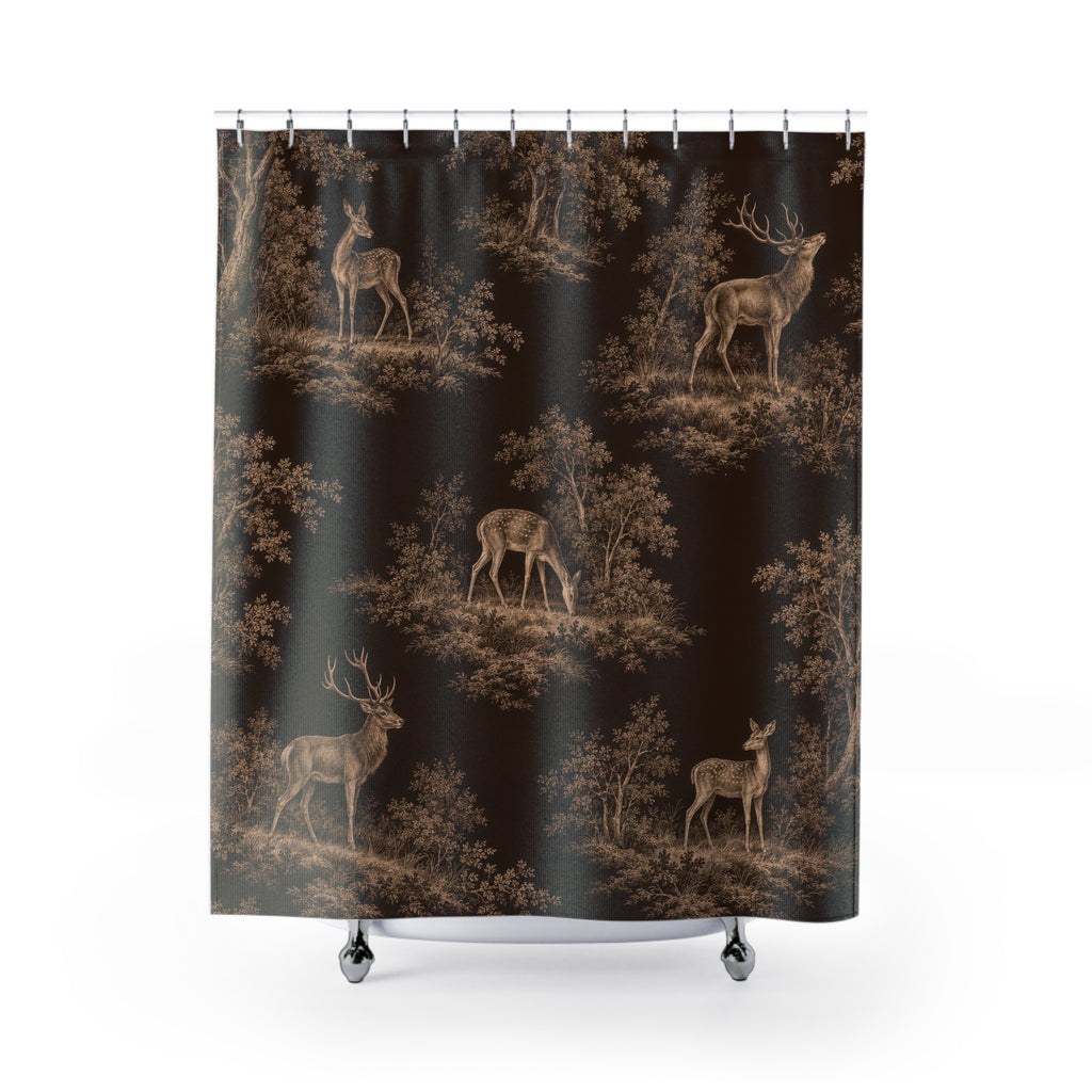 Beige deer and woodland trees on dark brown shower curtain with full front view