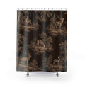 Beige deer and woodland trees on dark brown shower curtain with full front view