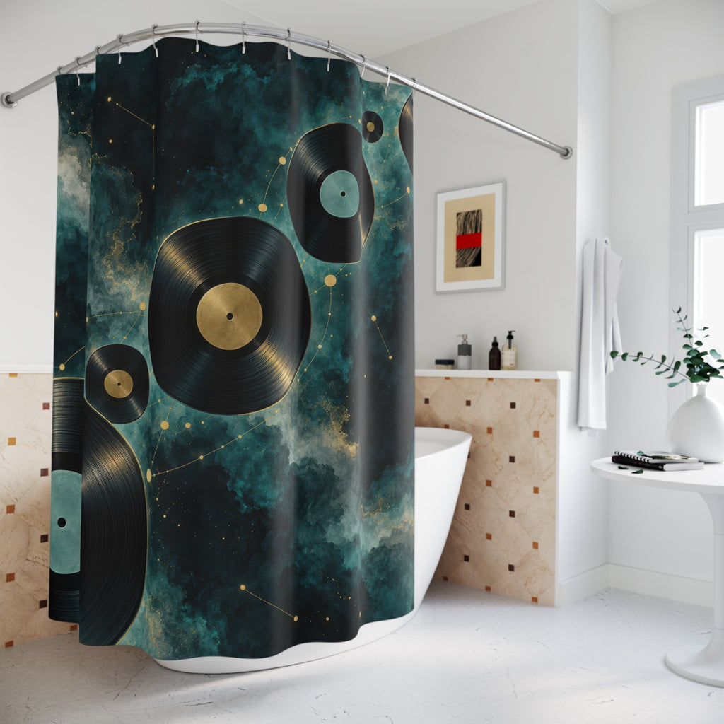 Black vinyl records across teal clouds and gold star lines shower curtain beside a freestanding tub