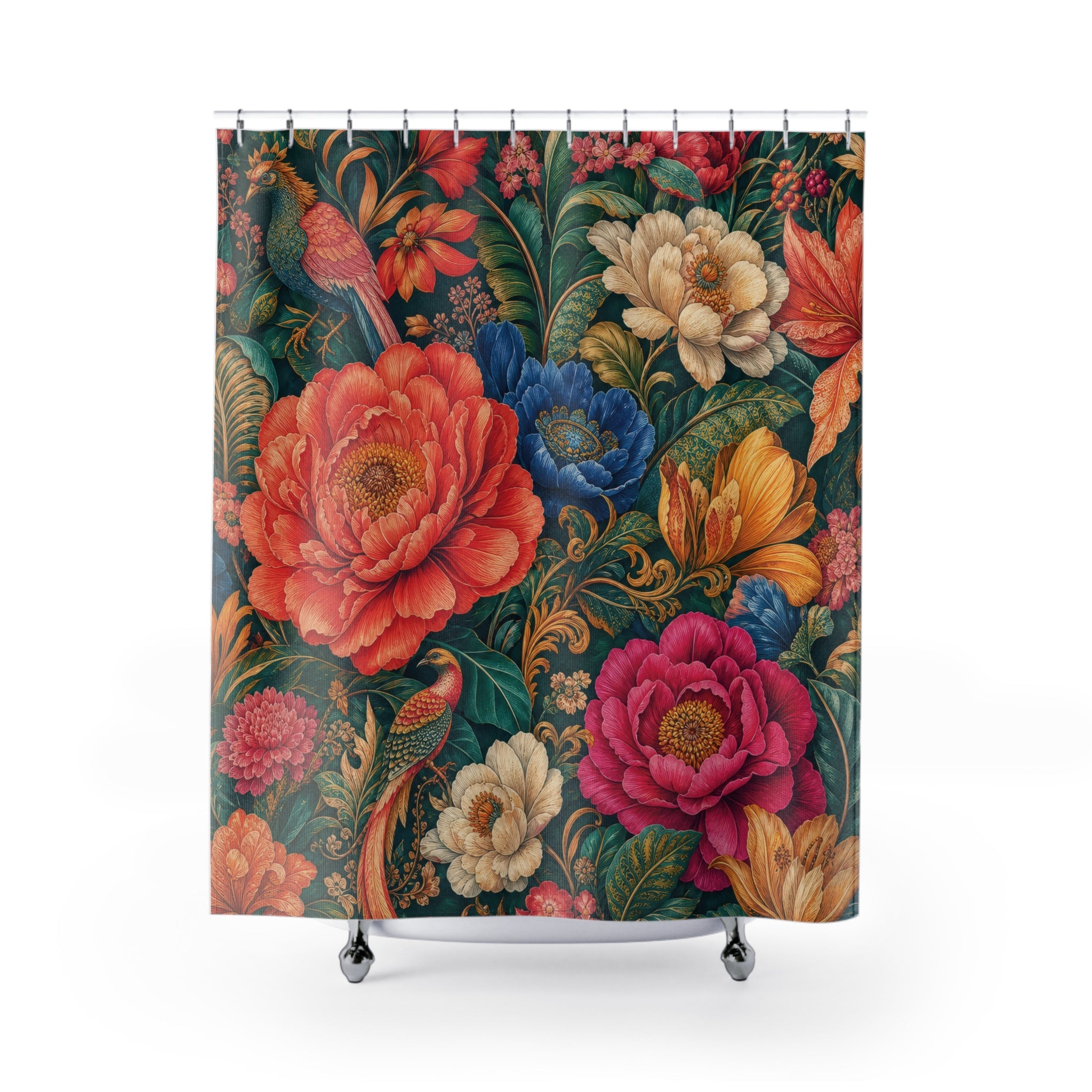 Maximalist Floral Shower Curtain: Bright Red Blue