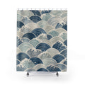Wave Shower Curtain, Japanese Inspired Blue Ocean Pattern, Coastal Bathroom Decor, Nautical Guest Bath Seaside Blue Style