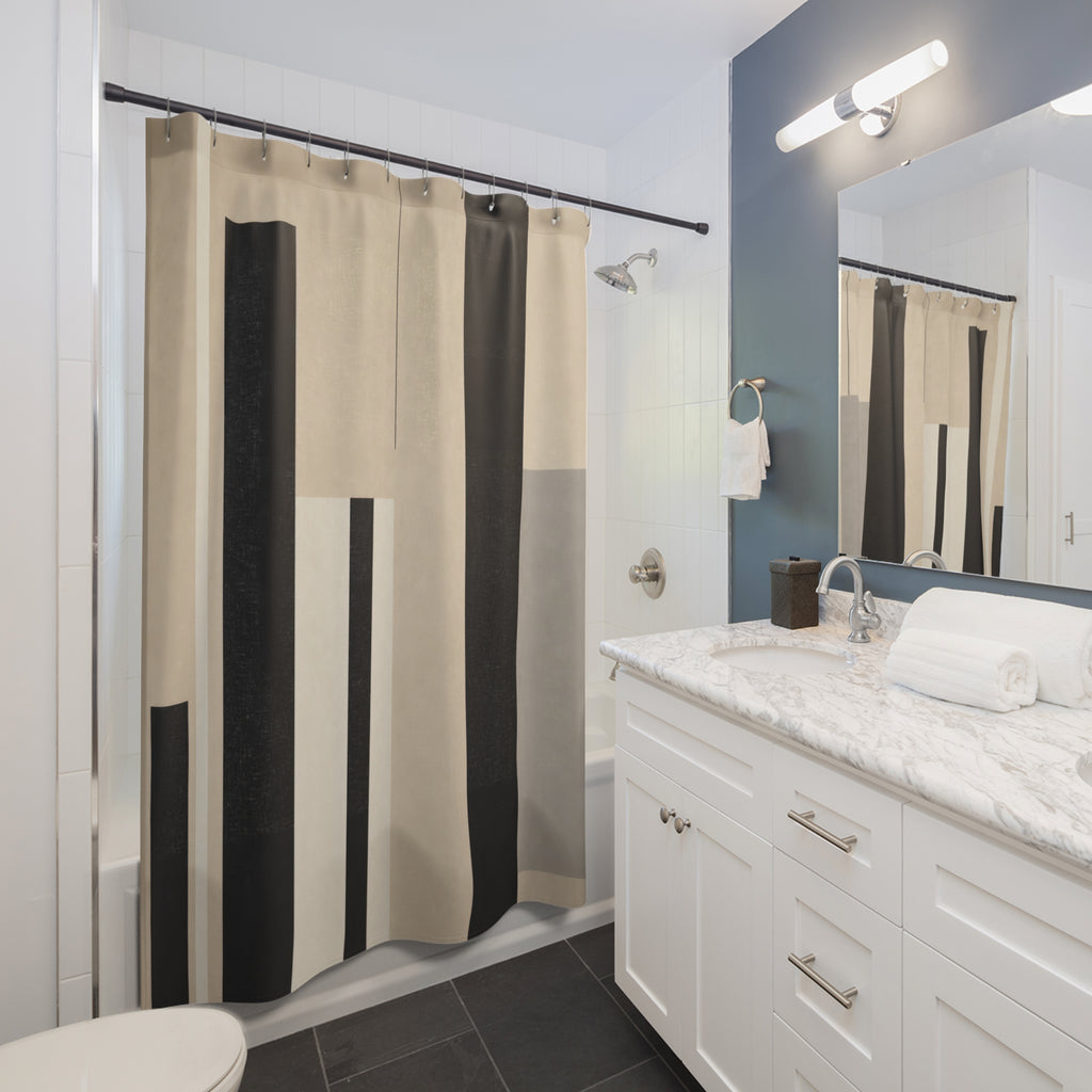 Modern Vertical Stripe Black Beige Shower Curtain