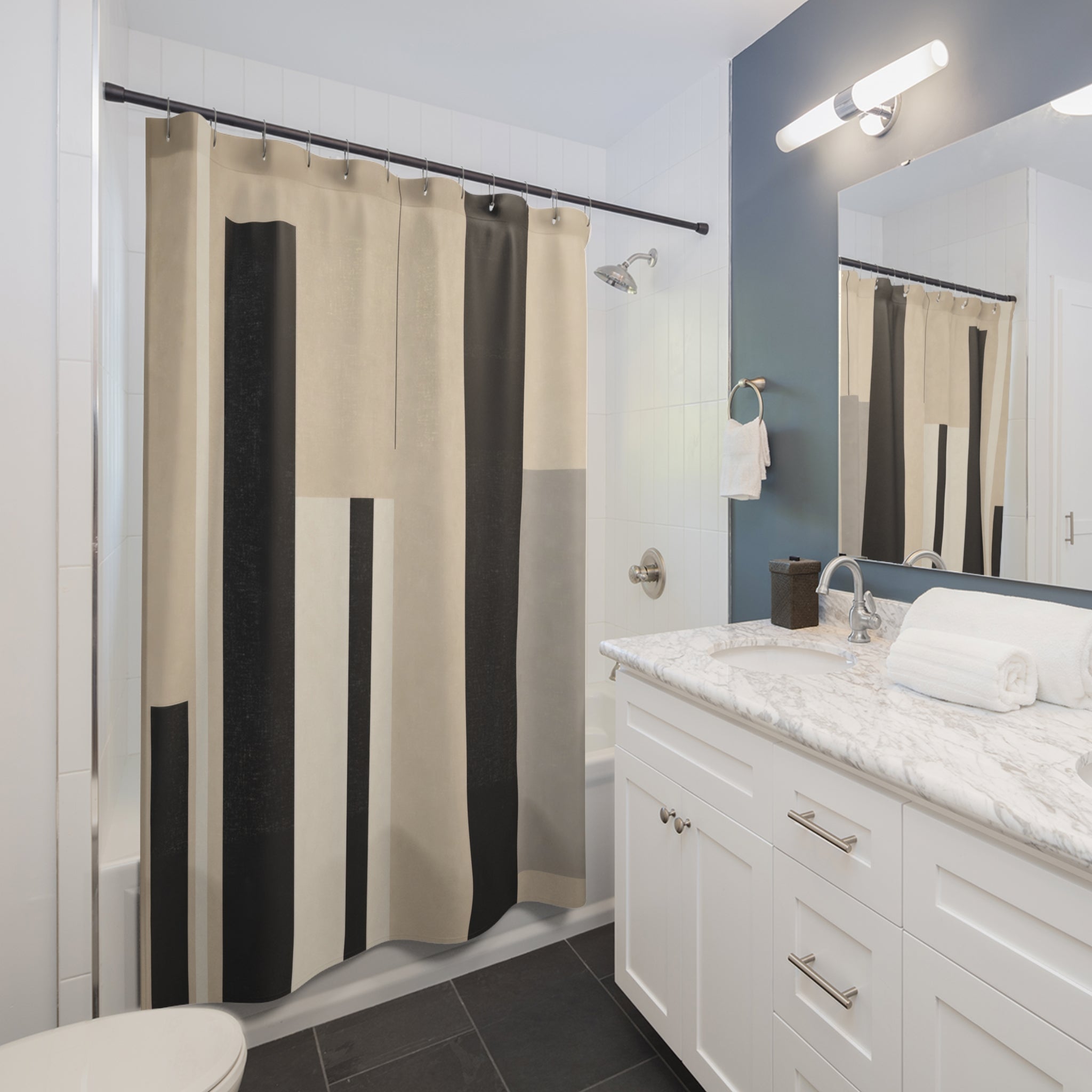 Modern Vertical Stripe Black Beige Shower Curtain