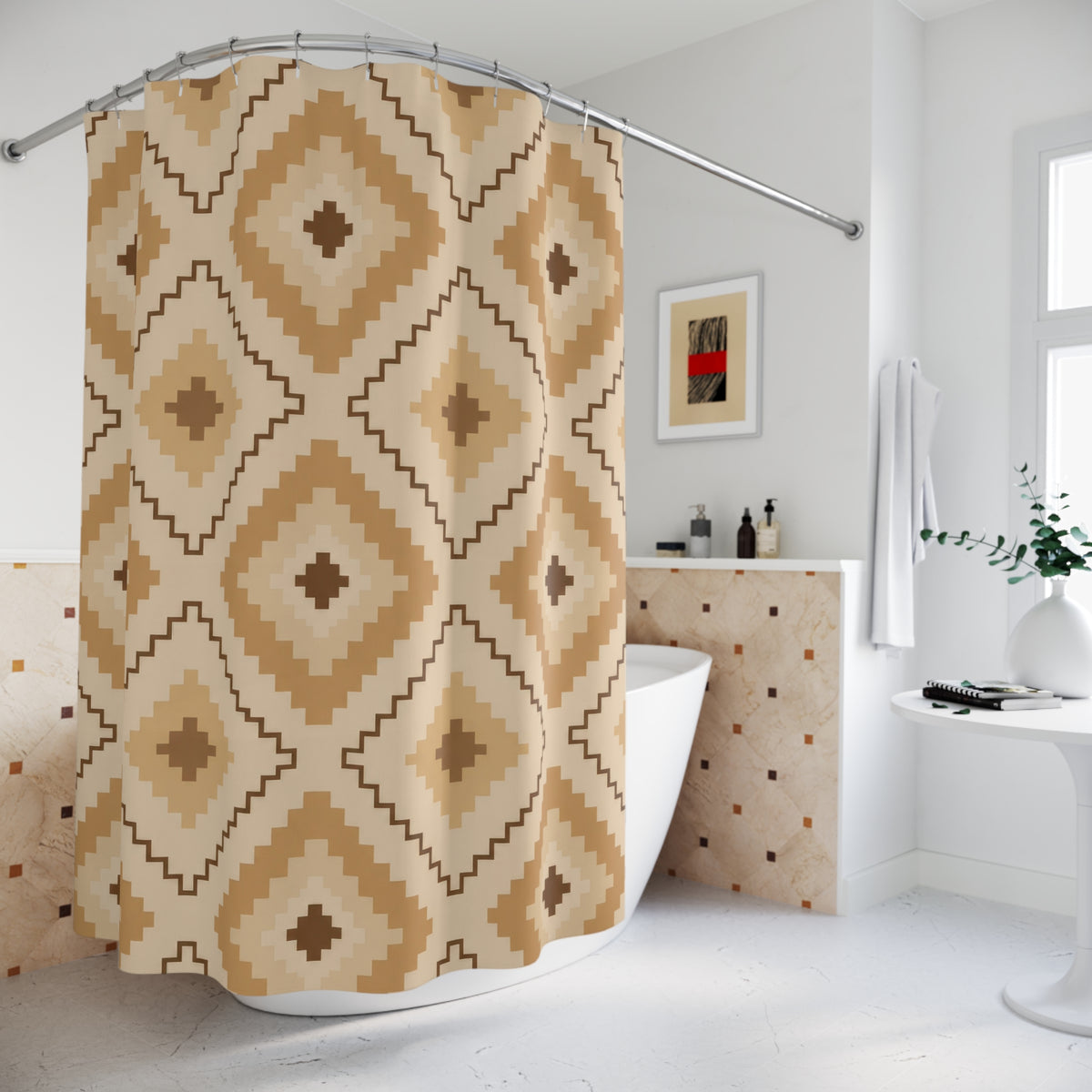 Nested tan and camel stepped diamond geometric pattern shower curtain beside a freestanding tub