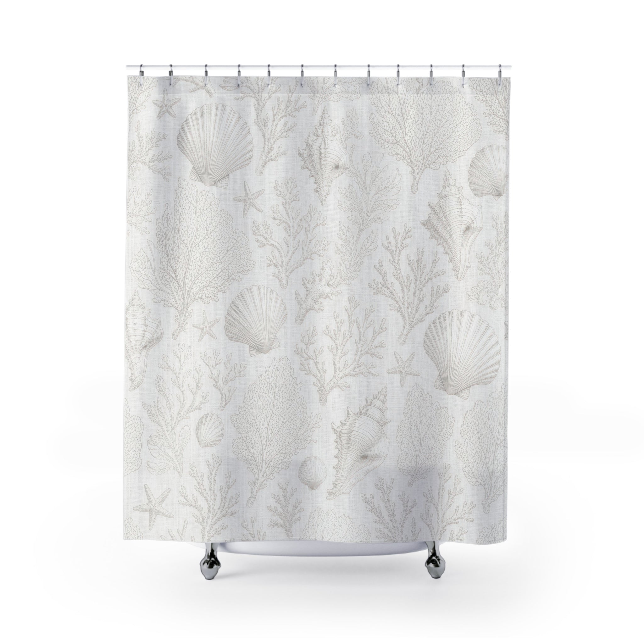 White Coastal Shell Toile Shower Curtain