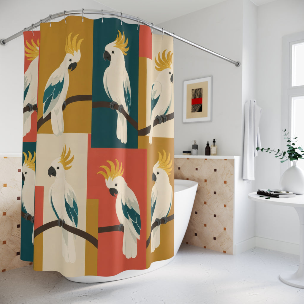 Cream cockatoos on coral, teal and ochre color blocks shower curtain beside a freestanding tub