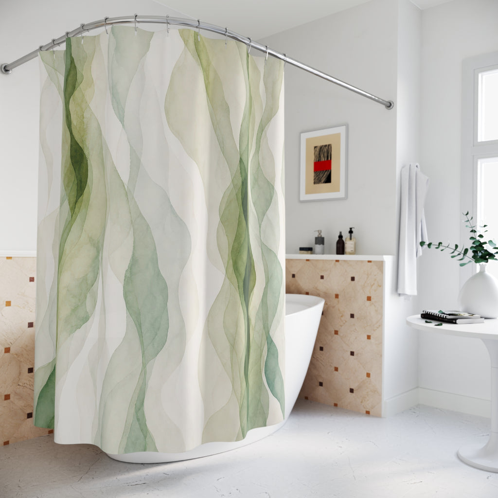 White Watercolor Green Stripe Shower Curtain